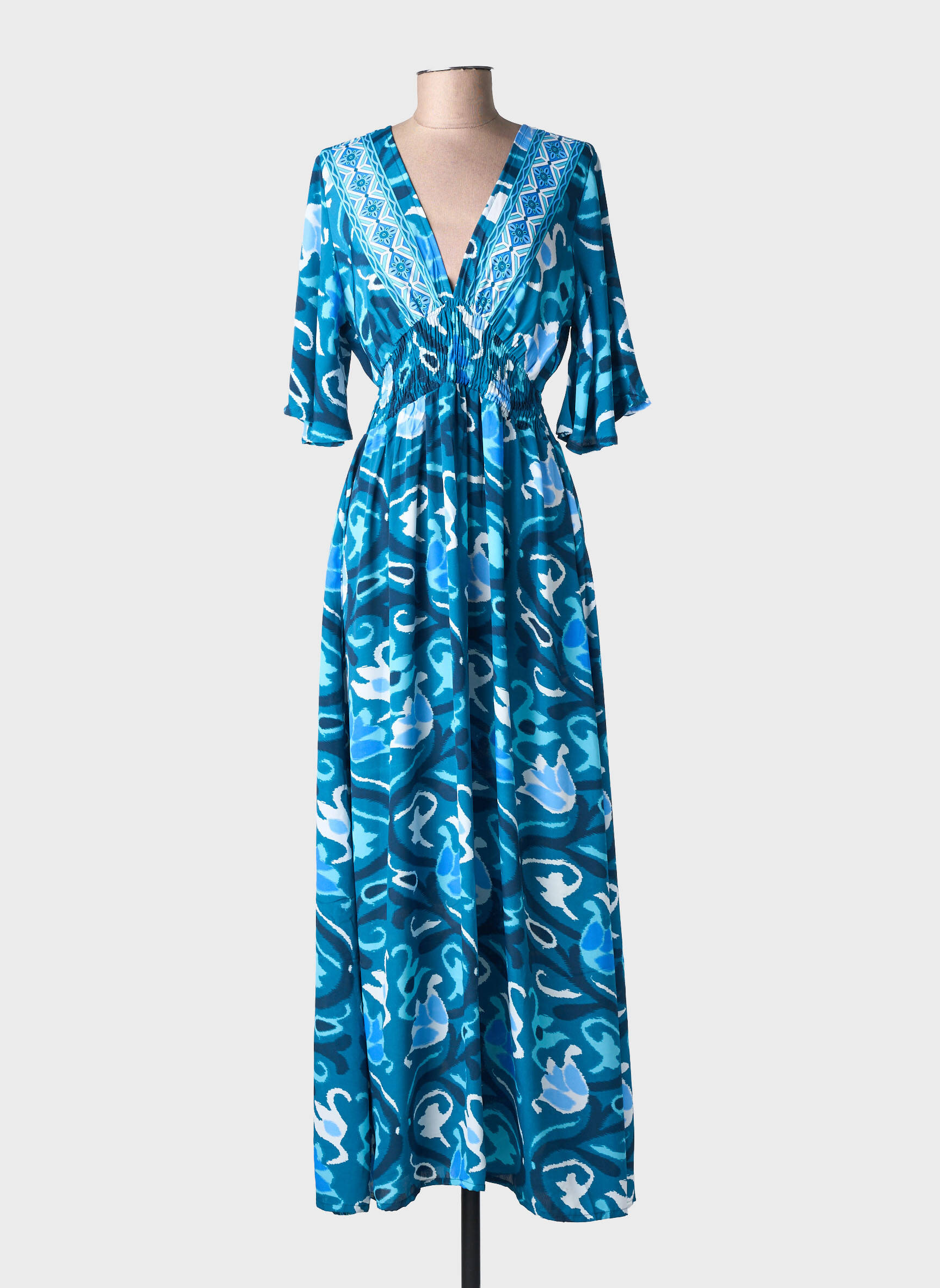 Robe longue imprimé fantaisie manches courtes bleu LARAETHNICS femme