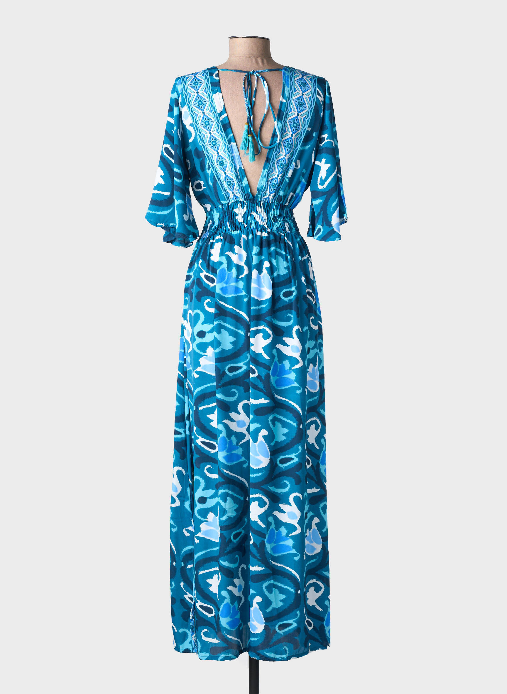 Robe longue imprimé fantaisie manches courtes bleu LARAETHNICS femme