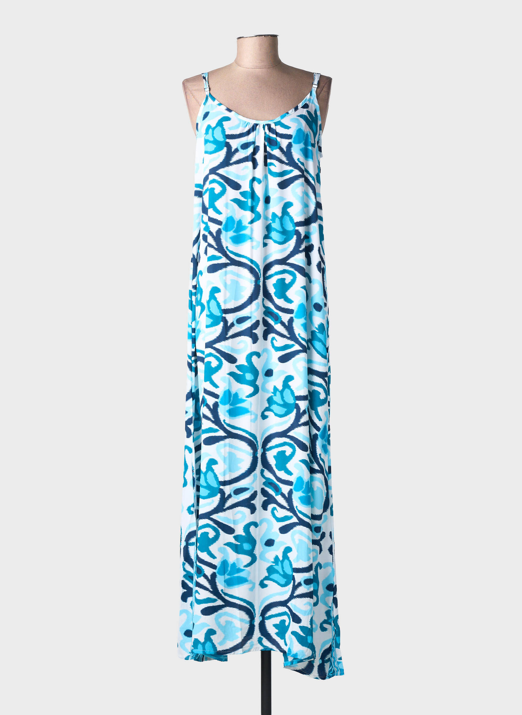 Robe longue imprimé fantaisie fines bretelles bleu LARAETHNICS femme