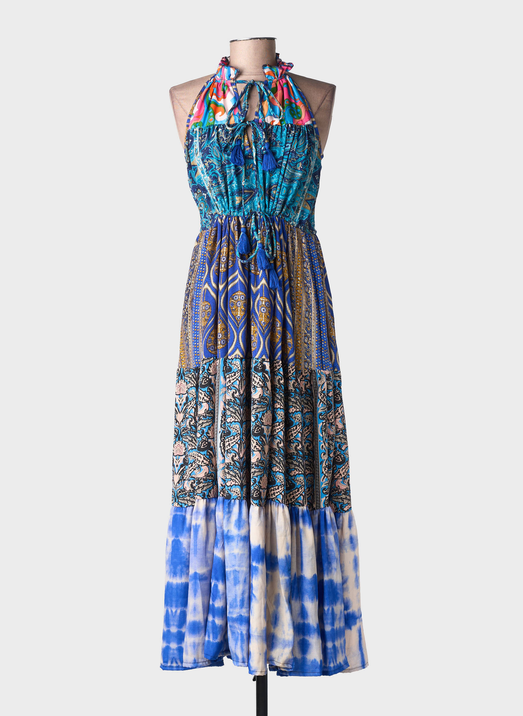 Robe longue imprimé fantaisie sans manche bleu LARAETHNICS femme
