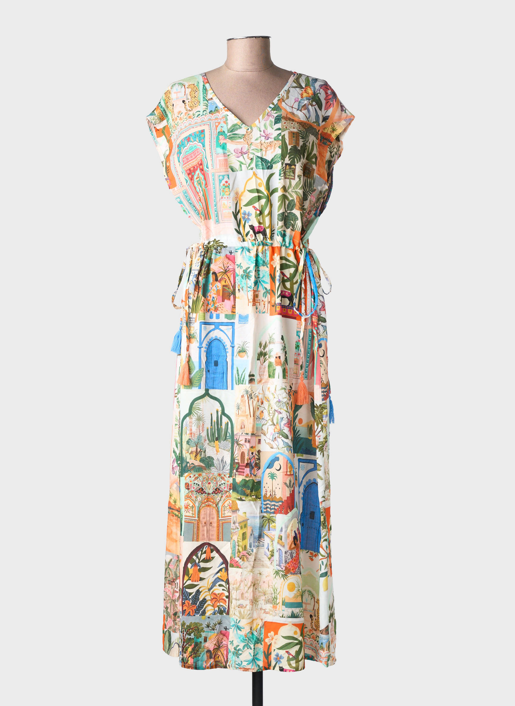 Robe longue imprimé fantaisie manches courtes beige GEISHA femme