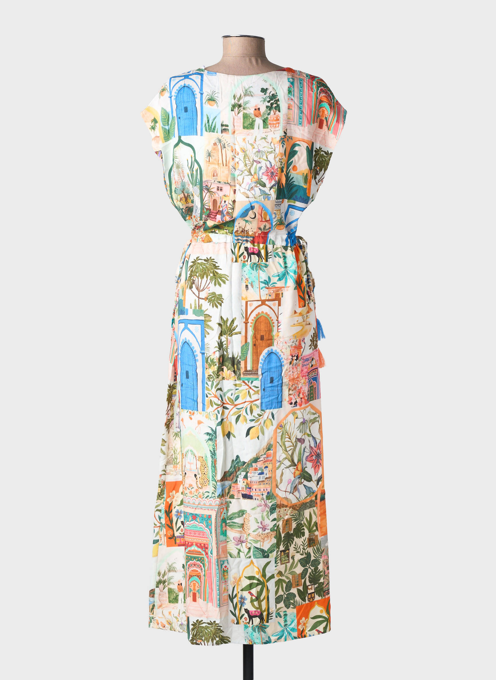 Robe longue imprimé fantaisie manches courtes beige GEISHA femme