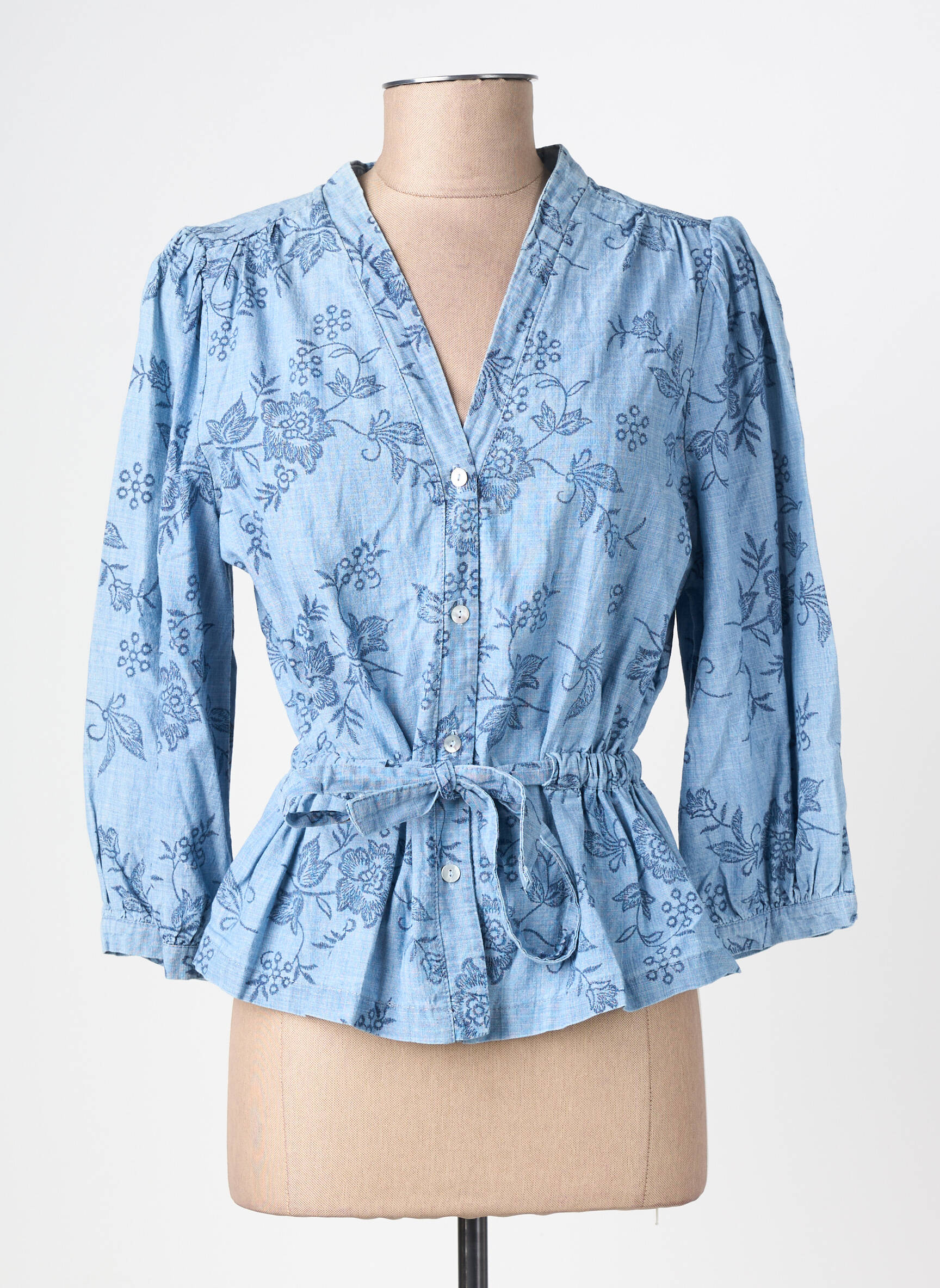 Blouse poignets boutonnés avec fente manches 3/4 bleu GEISHA femme