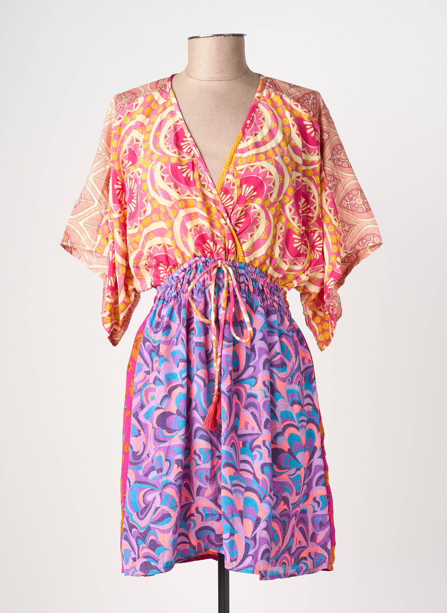 Robe courte coupe fluide manches courtes rose LARAETHNICS femme