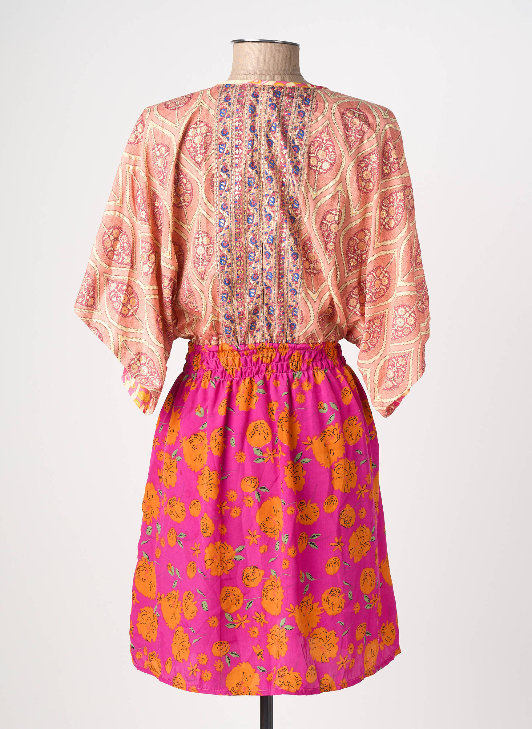 Robe courte coupe fluide manches courtes rose LARAETHNICS femme
