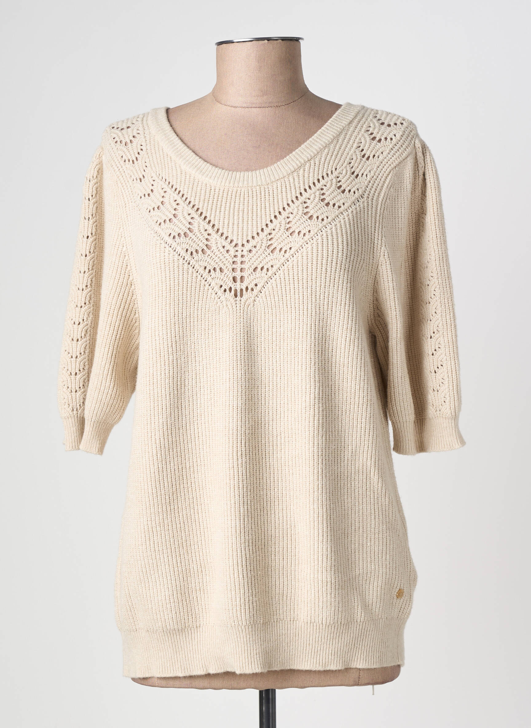 Pull maille souple et aérée manches 3/4 beige CREAM femme