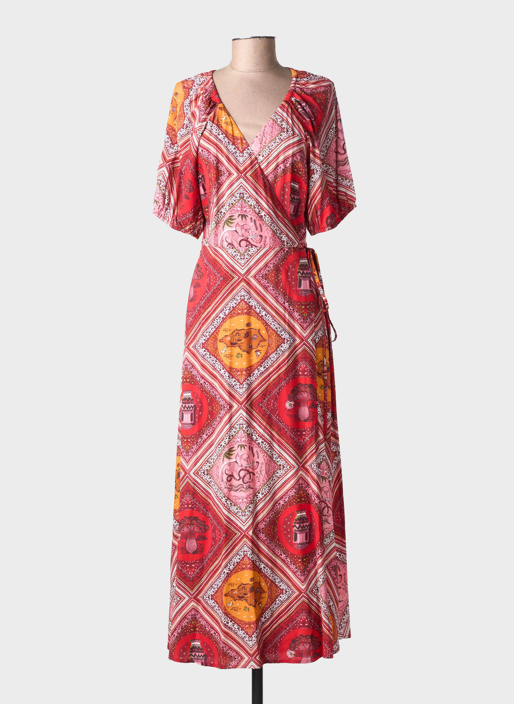 Robe longue imprimé fantaisie manches courtes rouge SURKANA femme