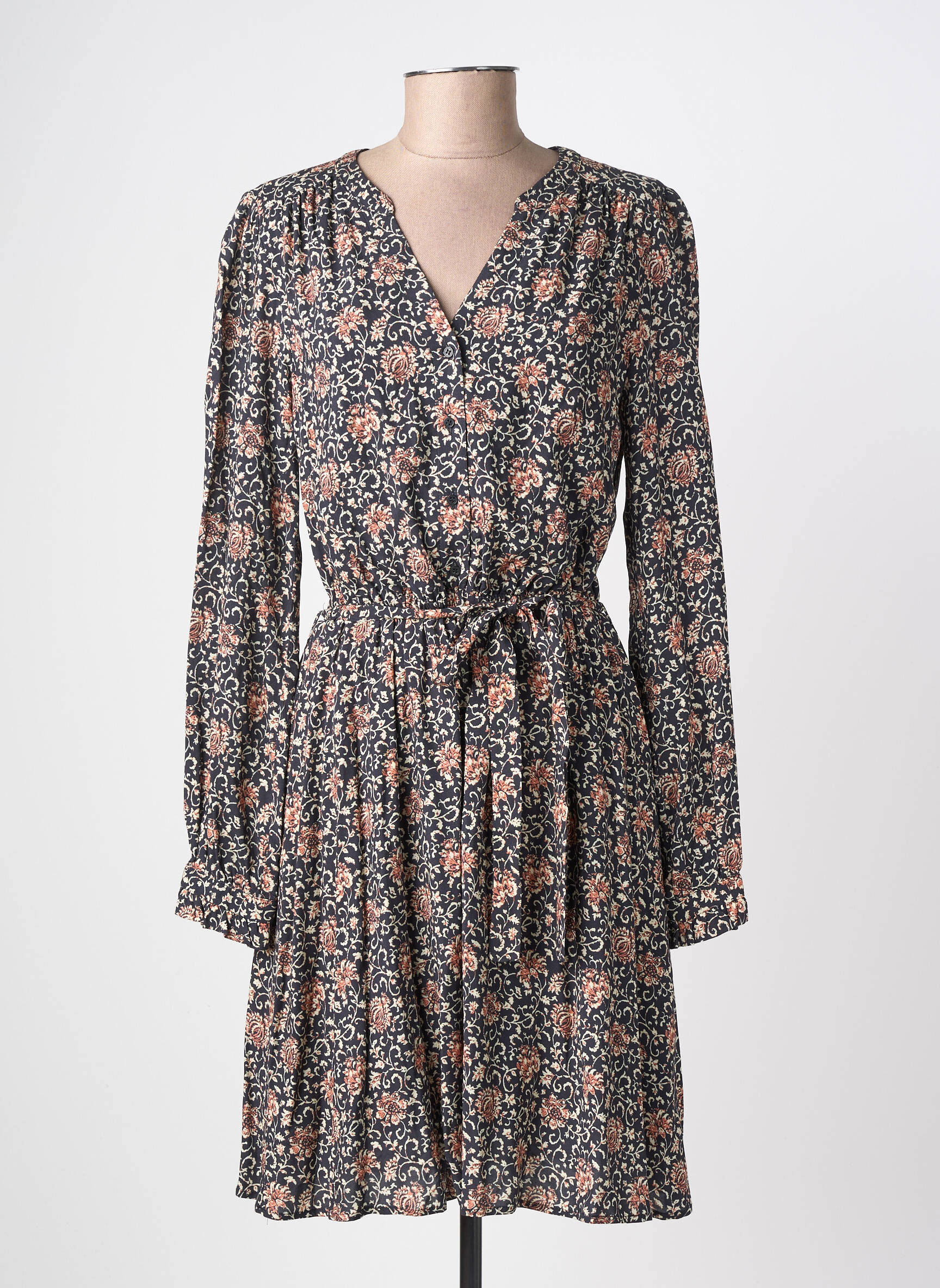 Robe mi-longue imprimé fantaisie manches longues noir C'EST BEAU LA VIE femme
