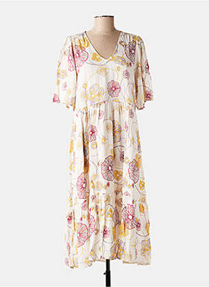 Robe mi-longue imprimé fleurs manches courtes beige ZILCH femme