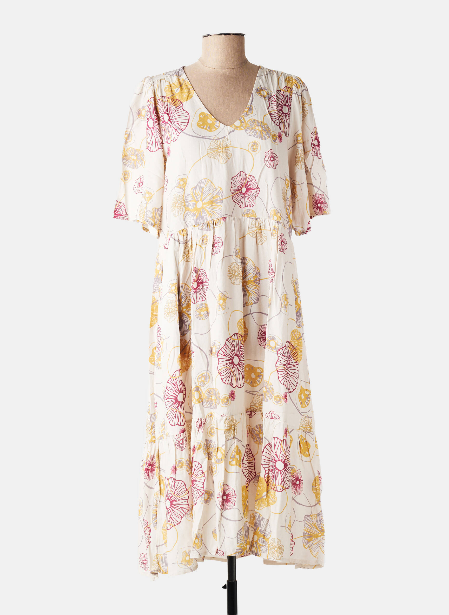 Robe mi-longue imprimé fleurs manches courtes beige ZILCH femme
