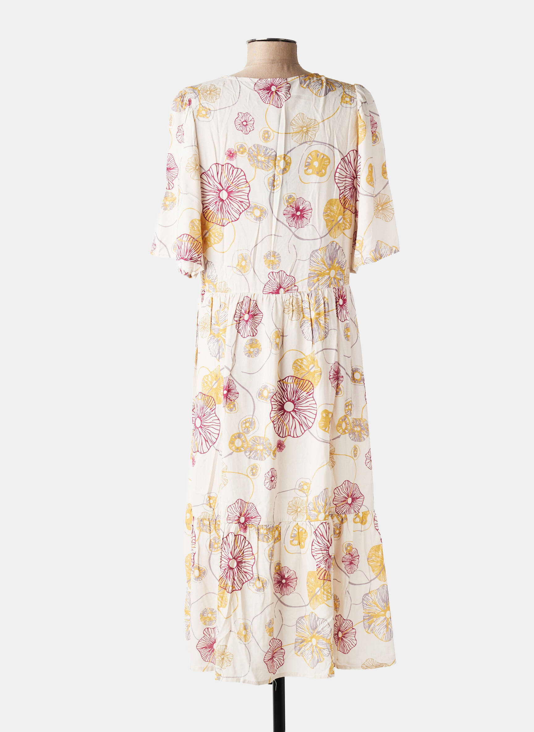Robe mi-longue imprimé fleurs manches courtes beige ZILCH femme