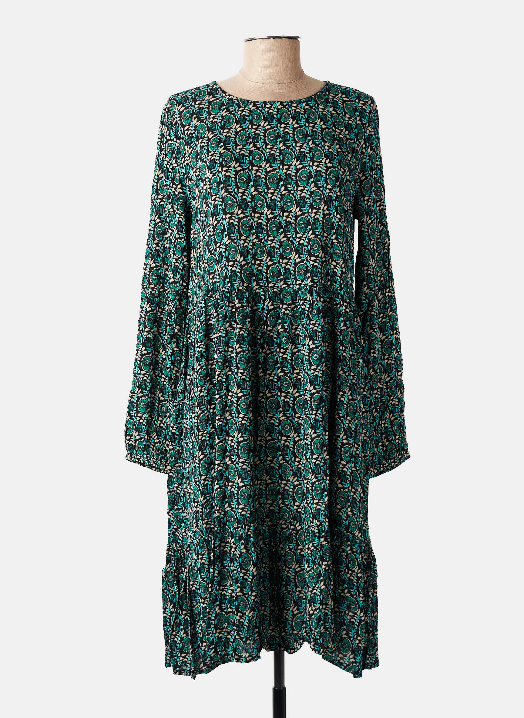 Robe mi-longue imprimé fleurs manches longues vert KAFFE femme