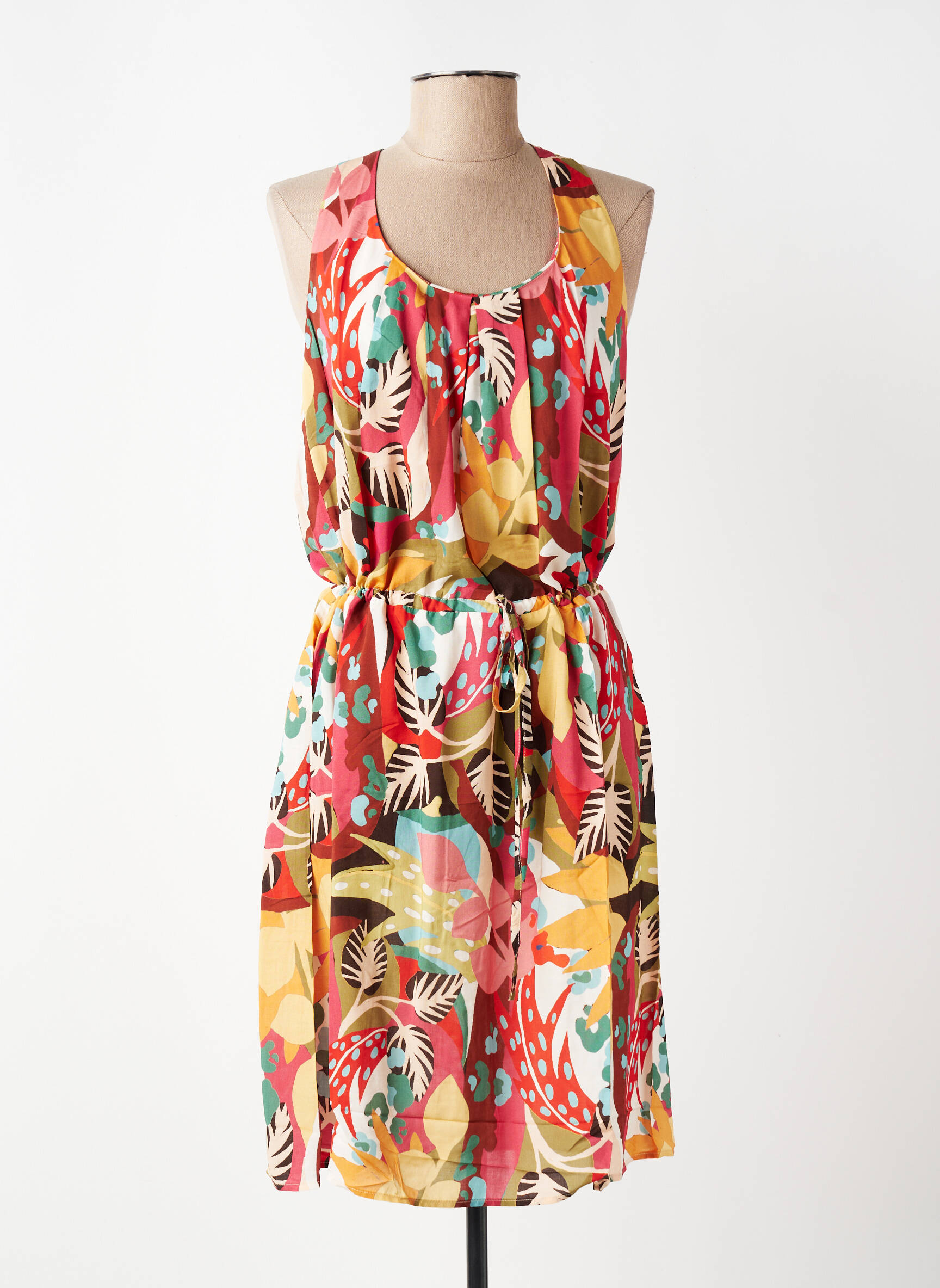 Robe mi-longue imprimé fleurs sans manche rouge C'EST BEAU LA VIE femme