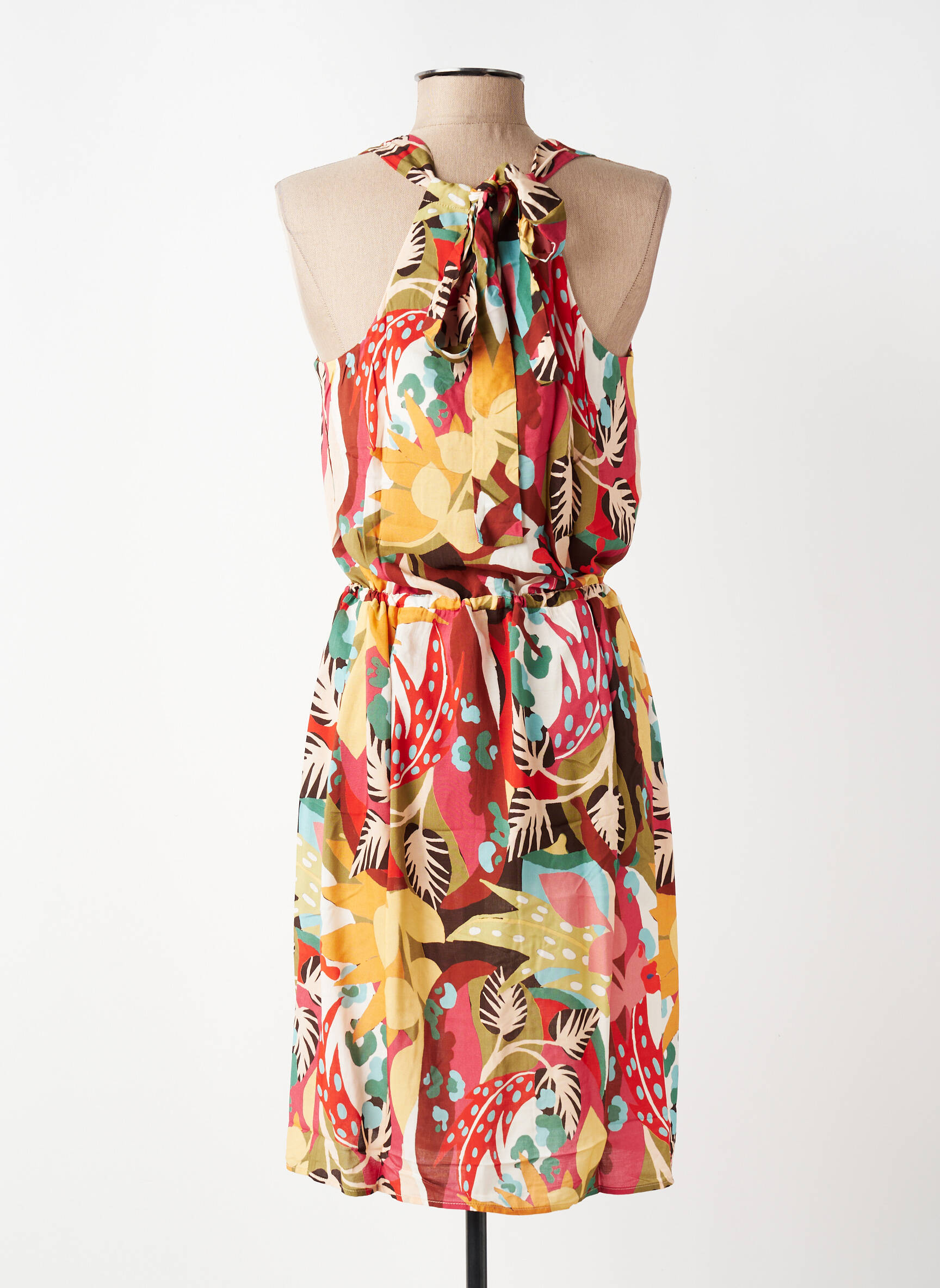 Robe mi-longue imprimé fleurs sans manche rouge C'EST BEAU LA VIE femme