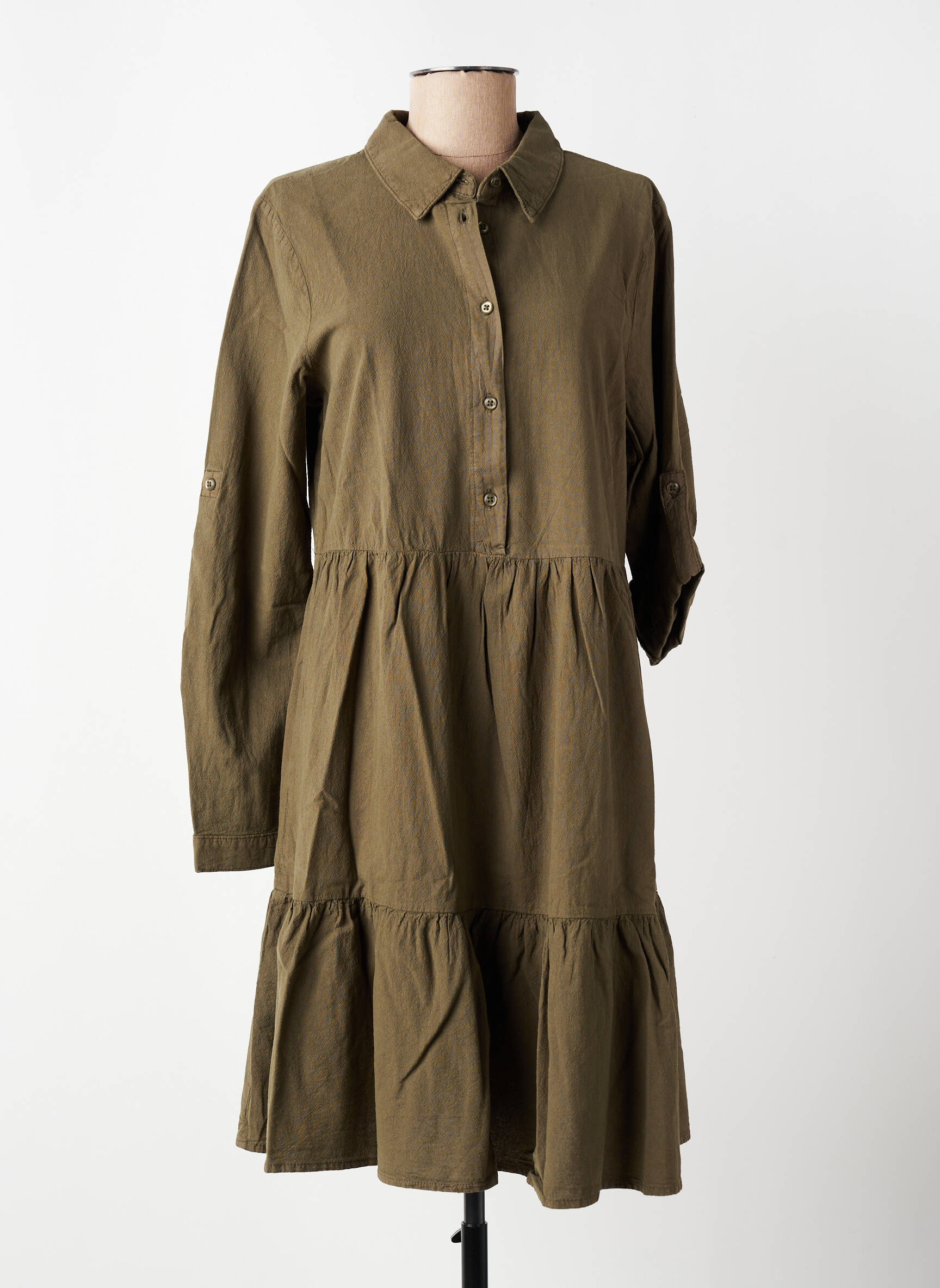 Robe mi-longue tissage crêpe manches longues vert KAFFE femme