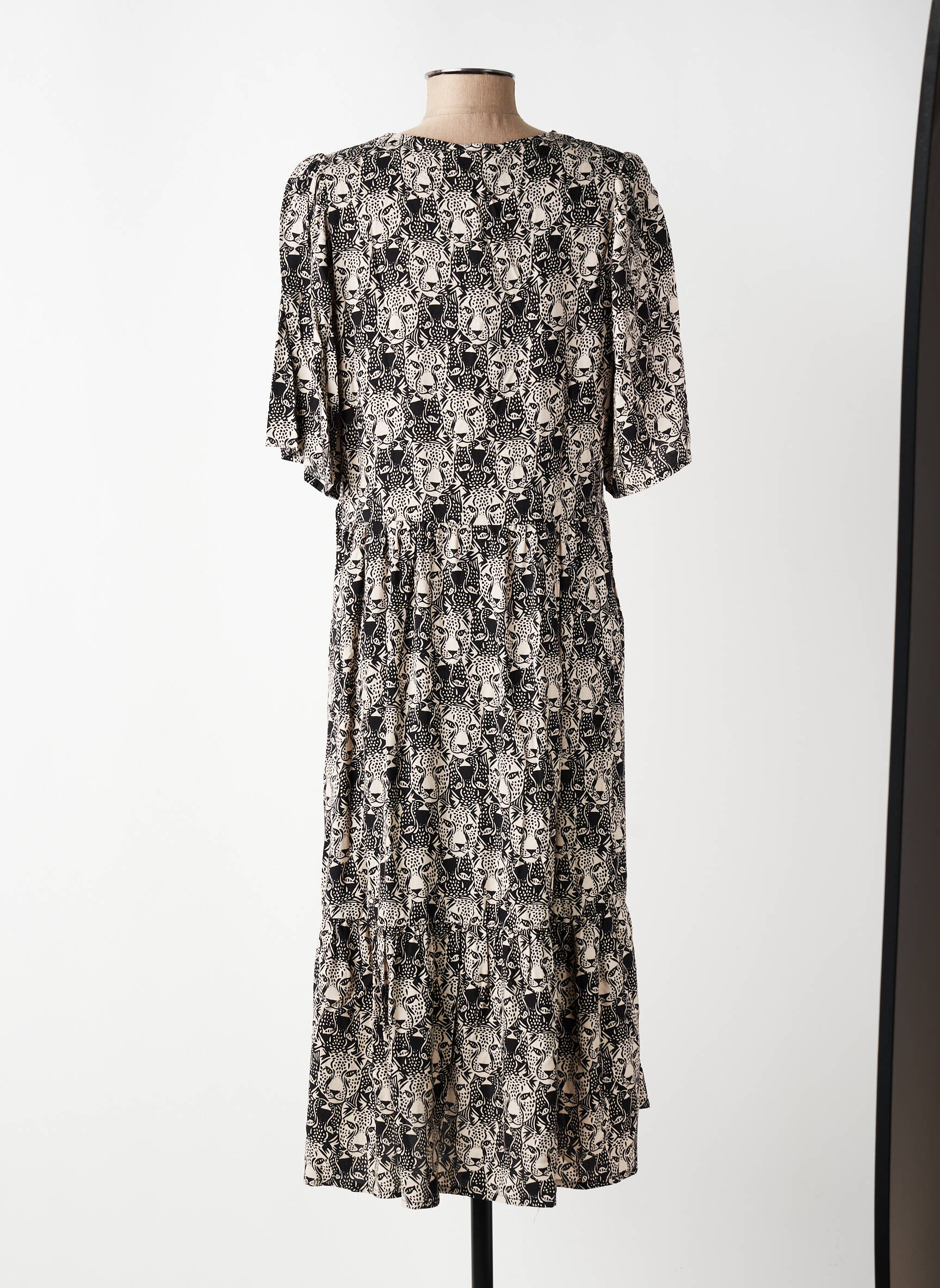 Robe mi-longue imprimé fantaisie manches courtes noir ZILCH femme