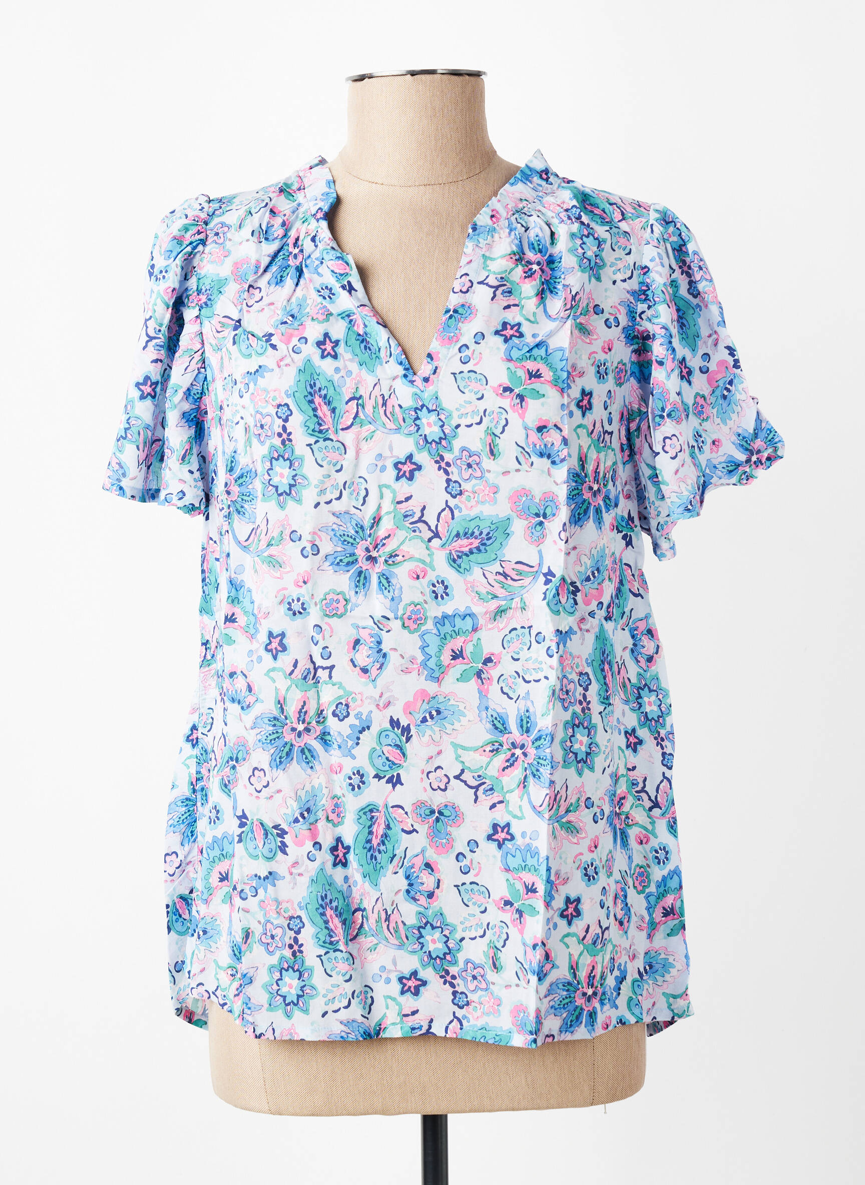 Blouse tissage popeline manches courtes bleu C'EST BEAU LA VIE femme