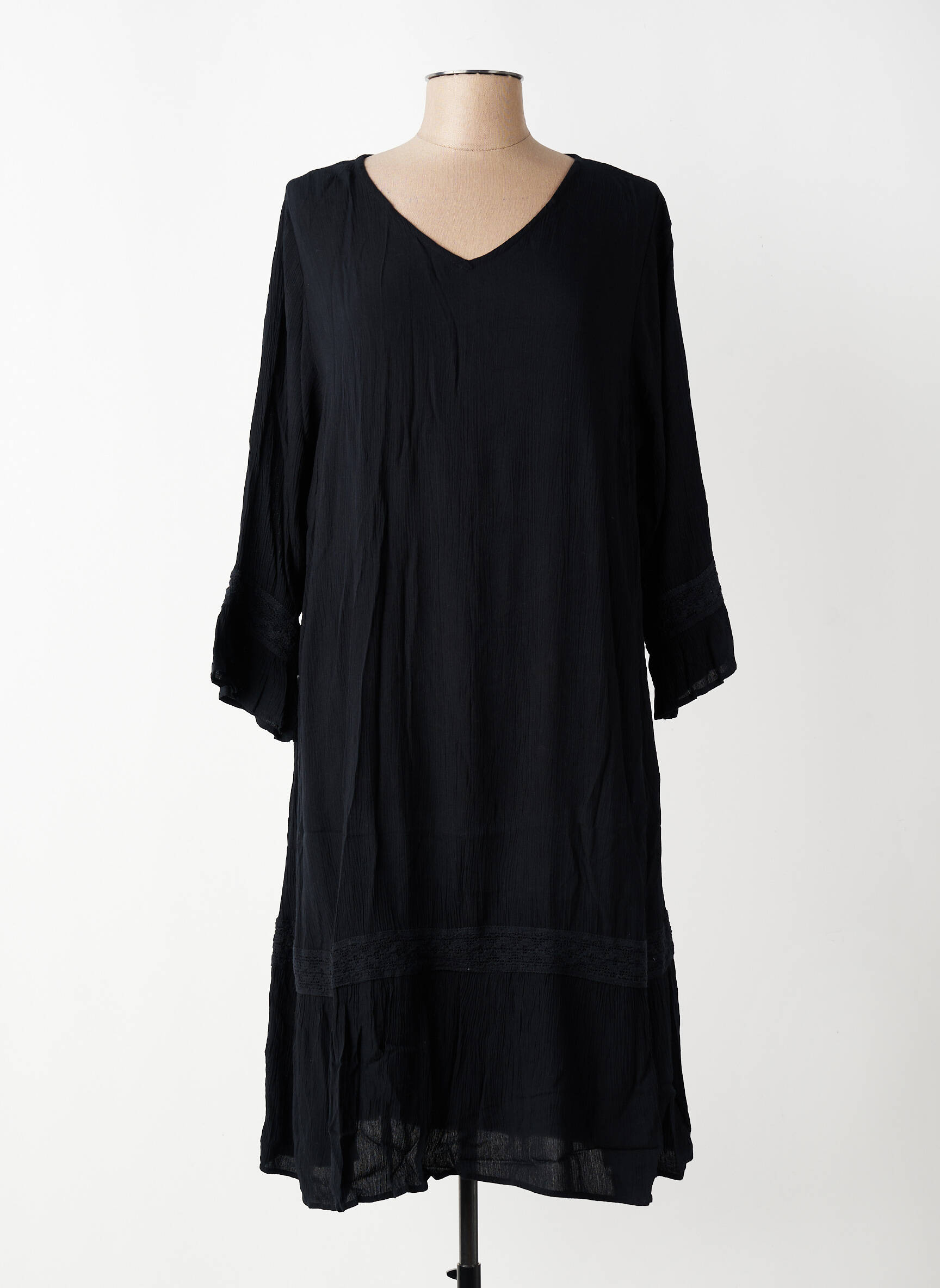 Robe mi-longue tissage crêpe manches longues noir ZHENZI femme