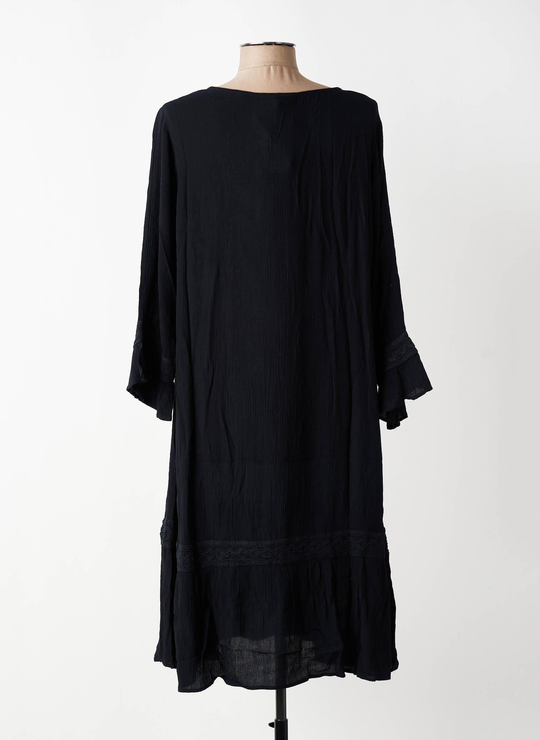 Robe mi-longue tissage crêpe manches longues noir ZHENZI femme