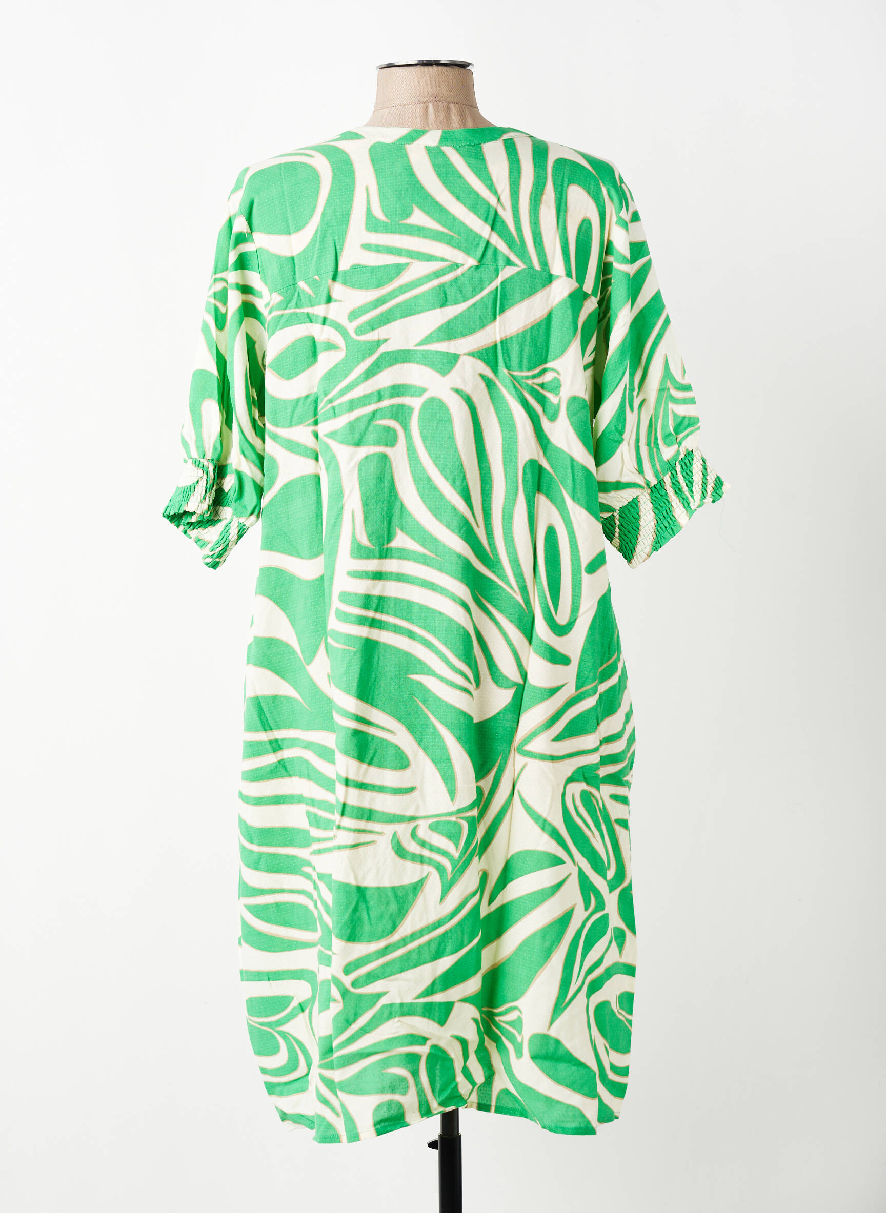 Robe mi-longue imprimé fantaisie manches courtes vert ZHENZI femme