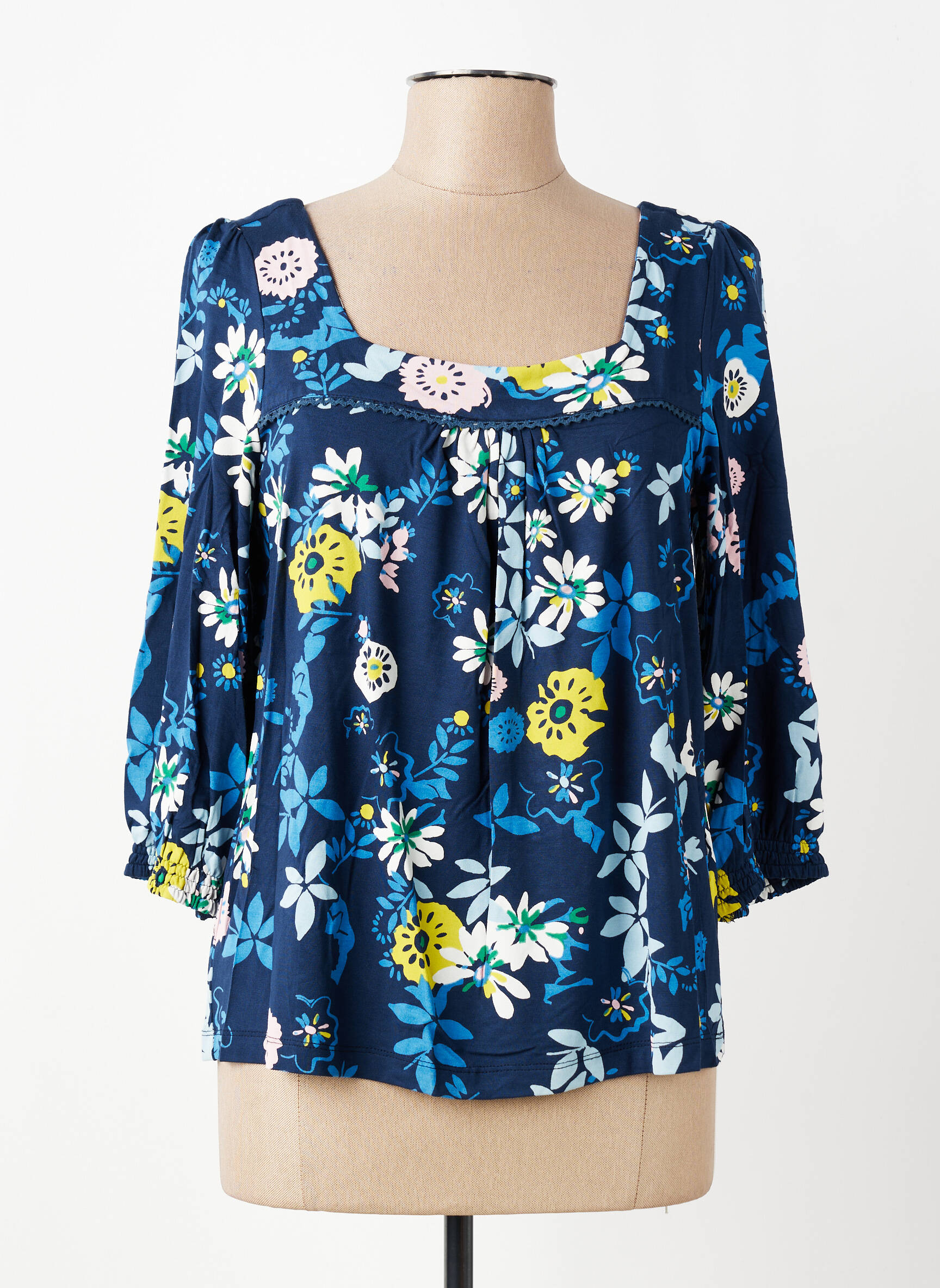 Top col carré manches 3/4 bleu LILY & ME femme
