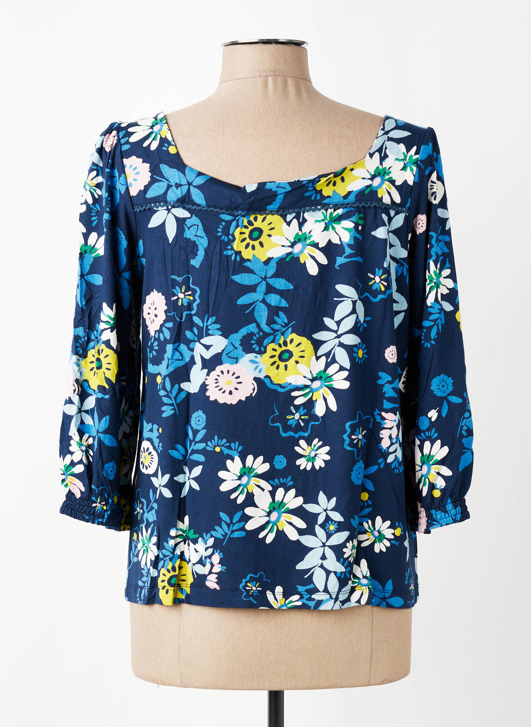 Top col carré manches 3/4 bleu LILY & ME femme
