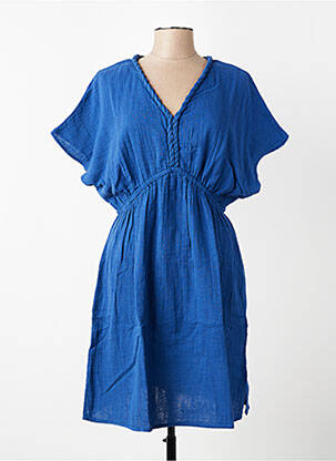 Robe mi-longue tissage crêpe manches courtes bleu C'EST BEAU LA VIE femme