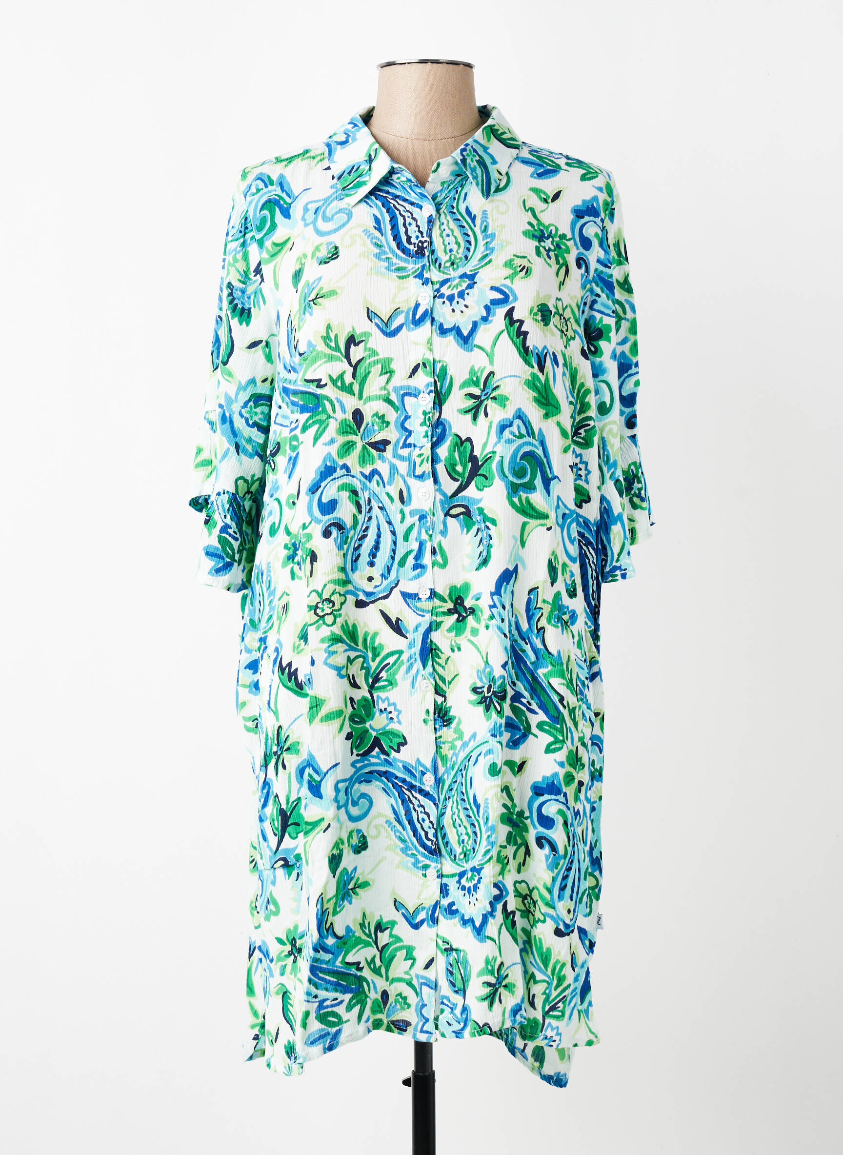 Robe mi-longue coupe fluide manches courtes bleu ZHENZI femme