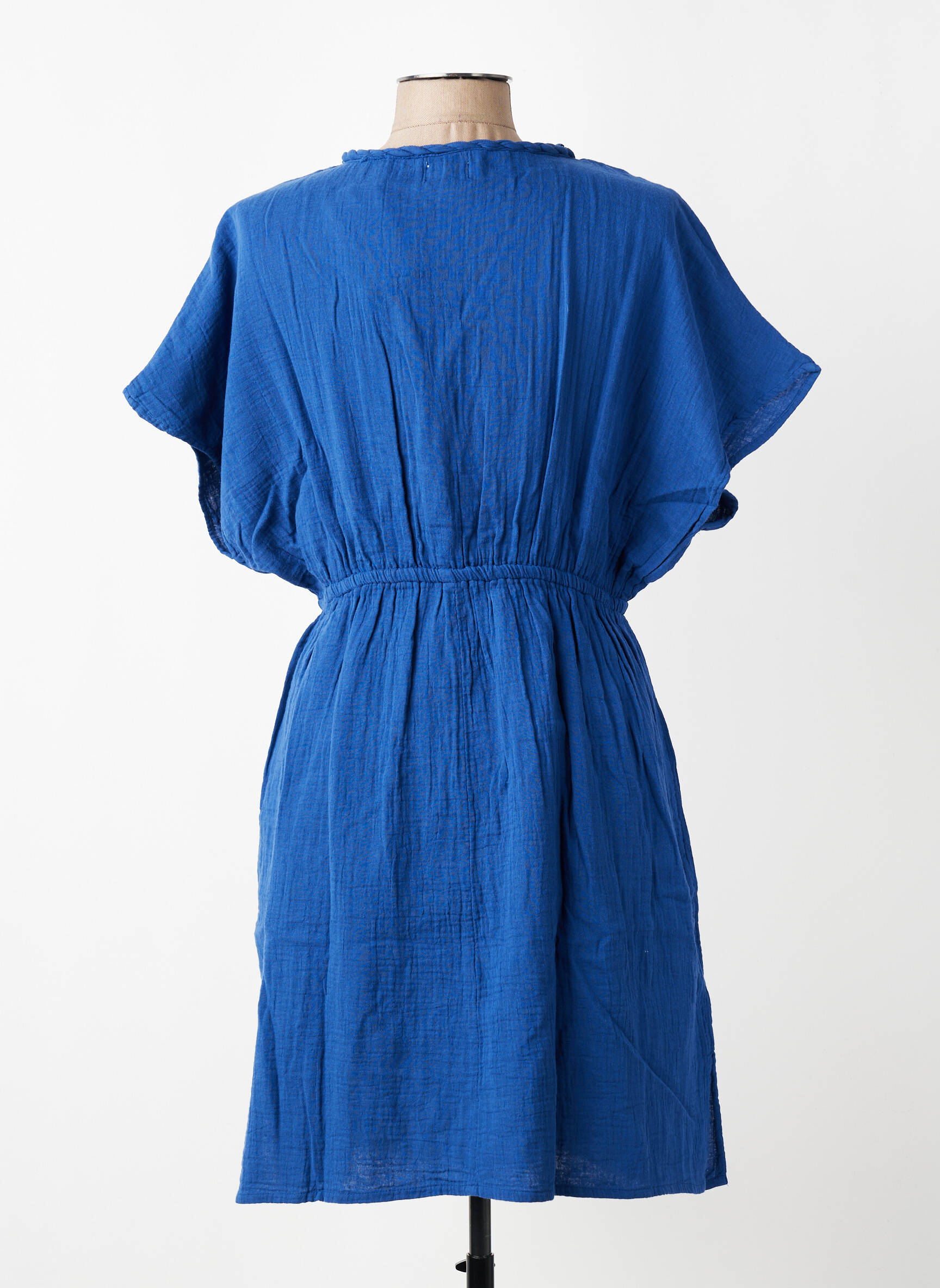 Robe mi-longue tissage crêpe manches courtes bleu C'EST BEAU LA VIE femme
