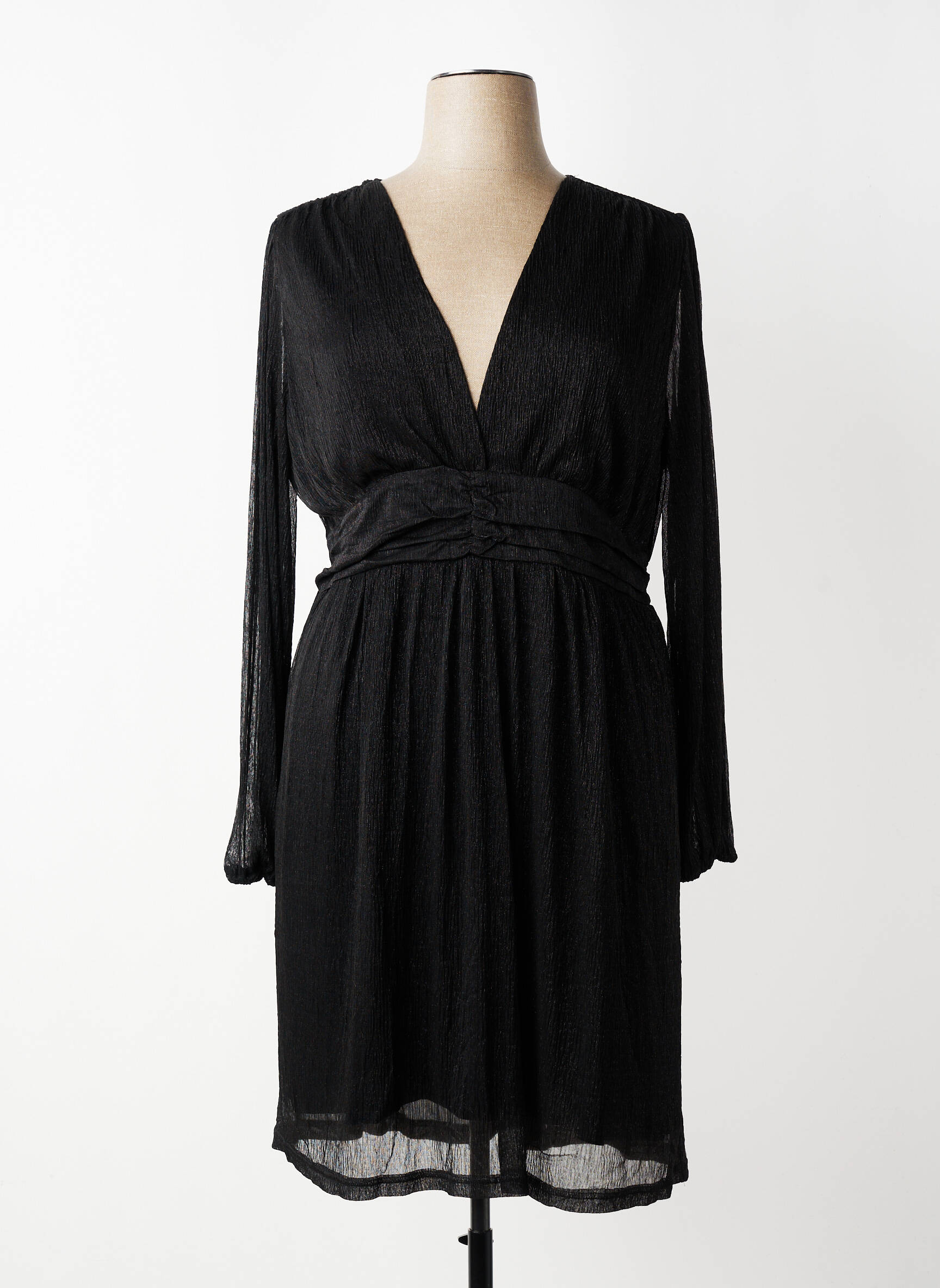 Robe mi-longue tissage crêpe manches longues noir MAELLE femme