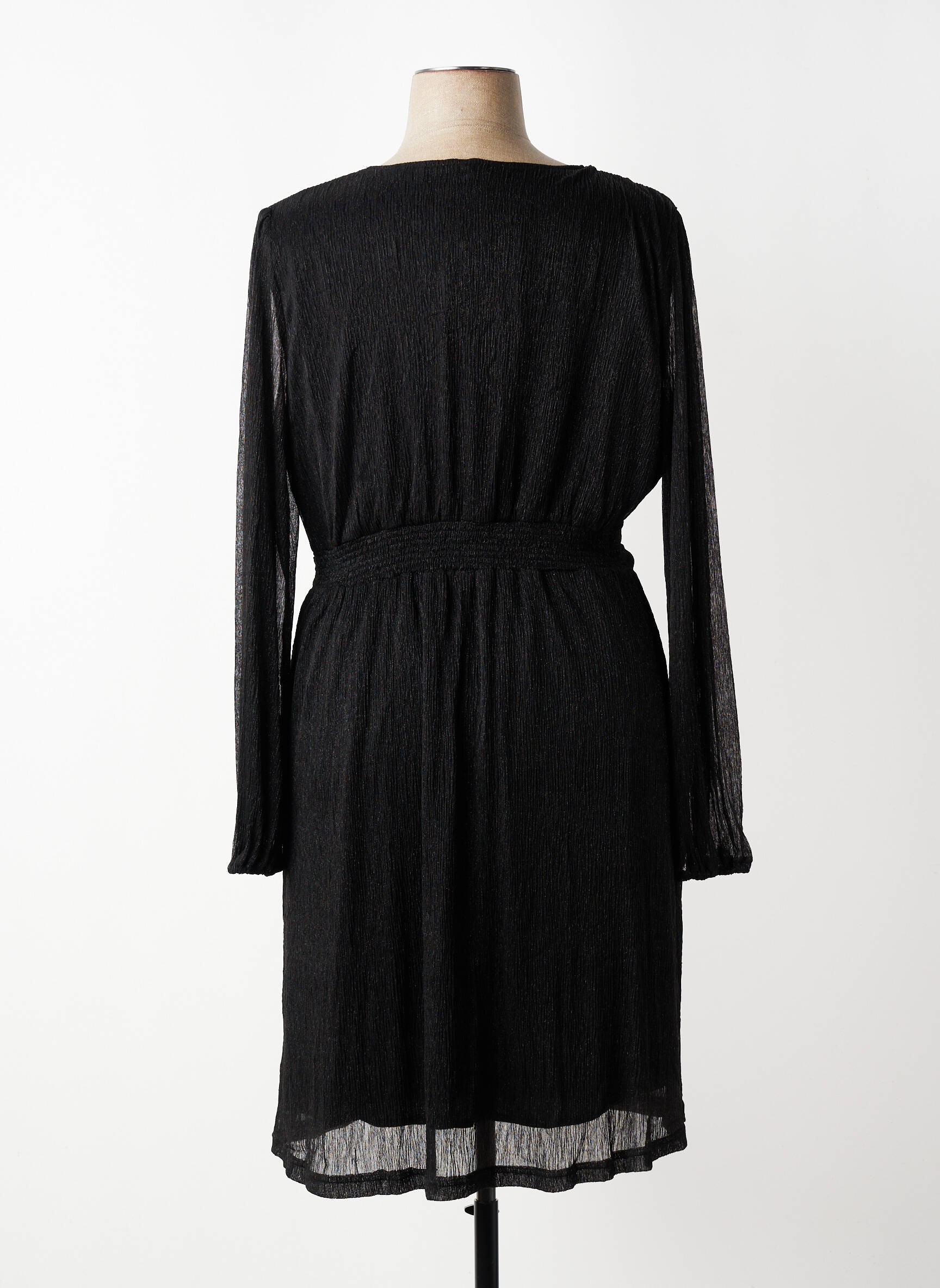 Robe mi-longue tissage crêpe manches longues noir MAELLE femme