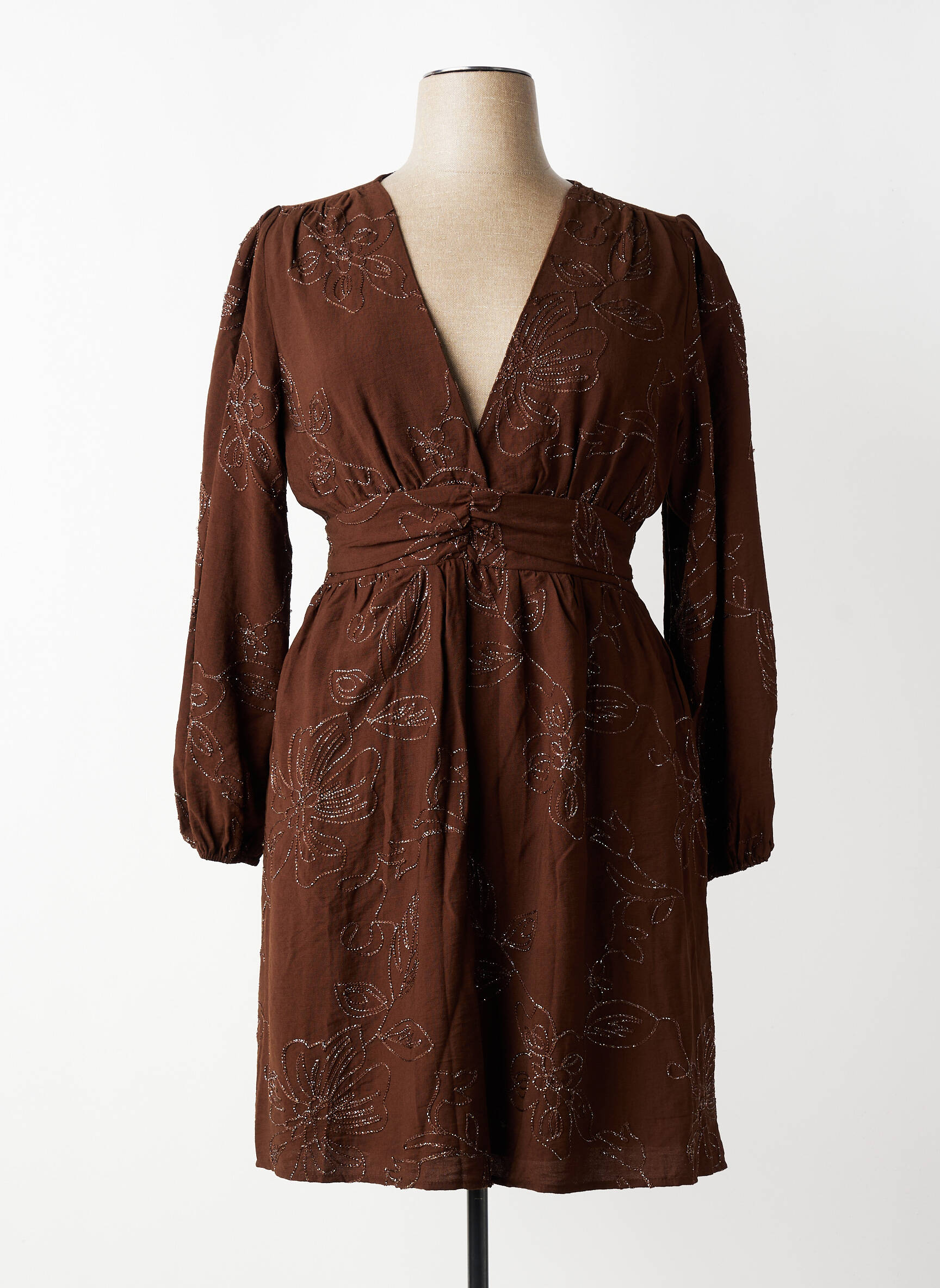 Robe mi-longue tissage crêpe manches longues marron MAELLE femme