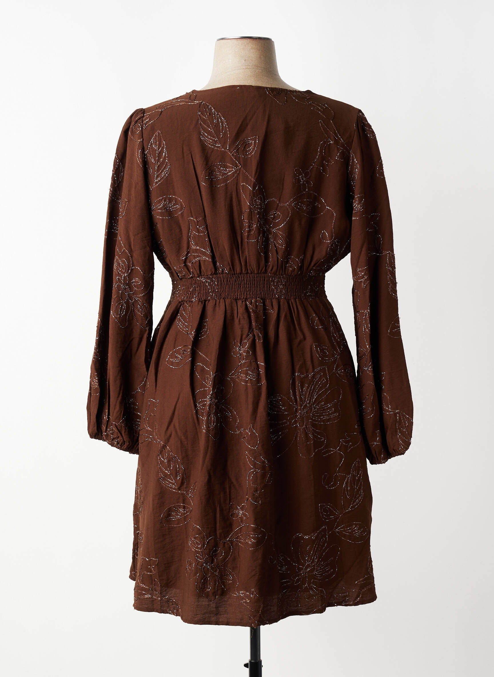 Robe mi-longue tissage crêpe manches longues marron MAELLE femme