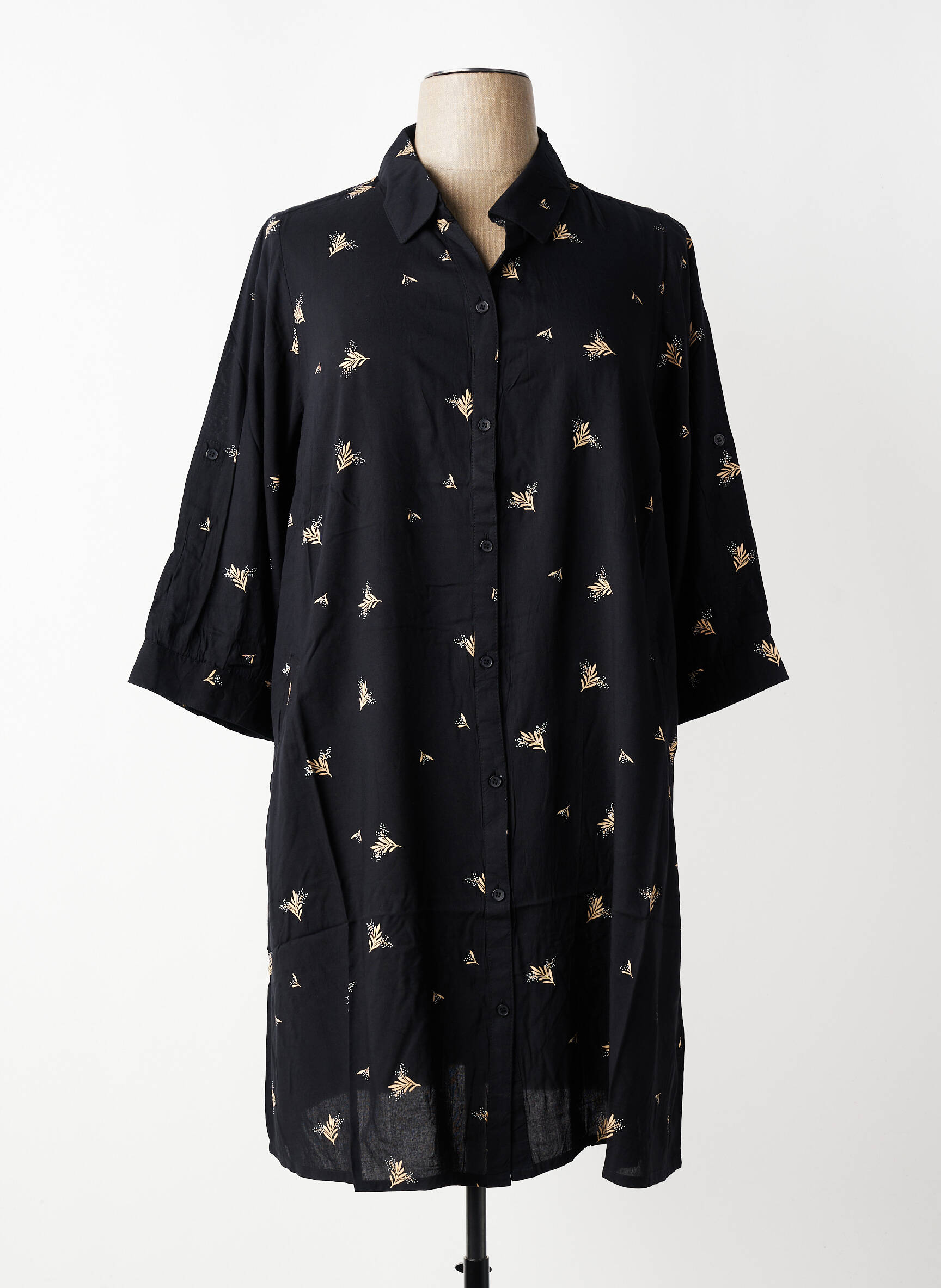 Robe mi-longue imprimé fleurs manches 3/4 noir ZHENZI femme