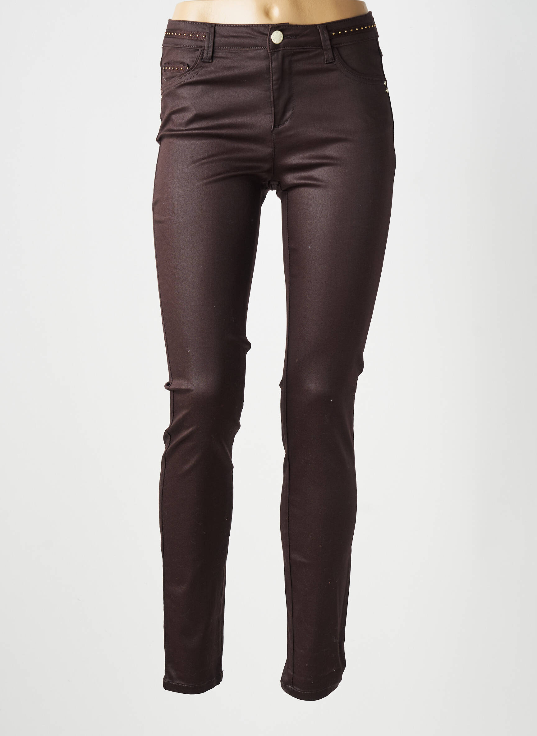 Pantalon slim tissage popeline taille normale marron MORGAN femme