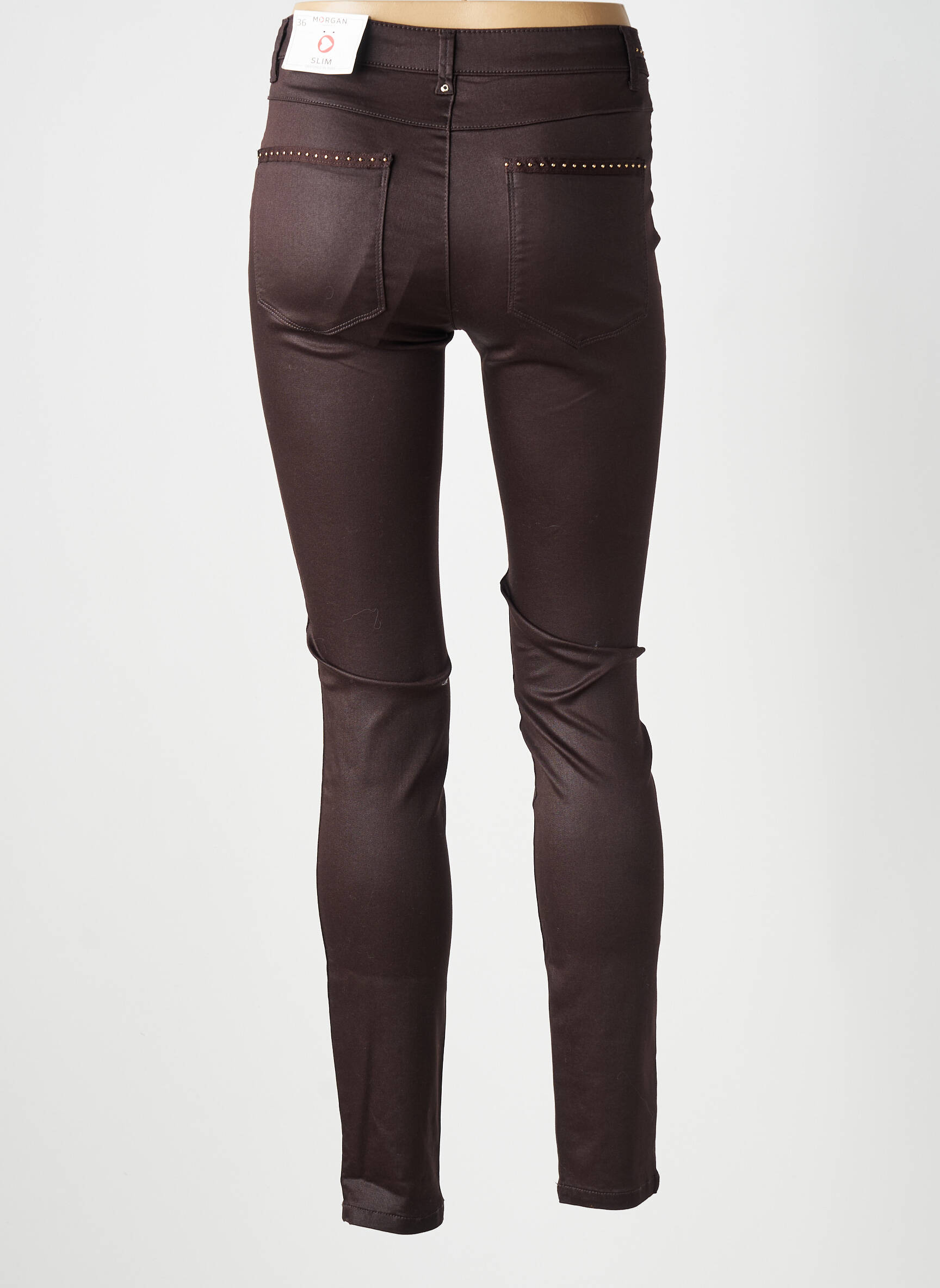 Pantalon slim tissage popeline taille normale marron MORGAN femme