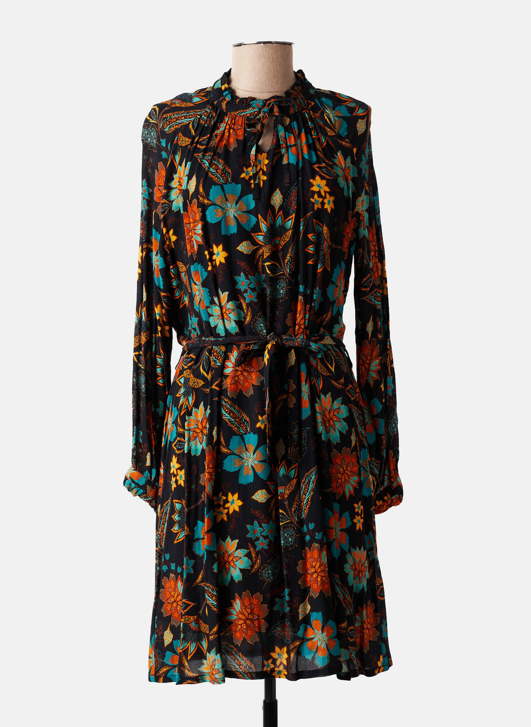 Robe mi-longue imprimé fleurs manches longues noir LE PETIT BAIGNEUR femme