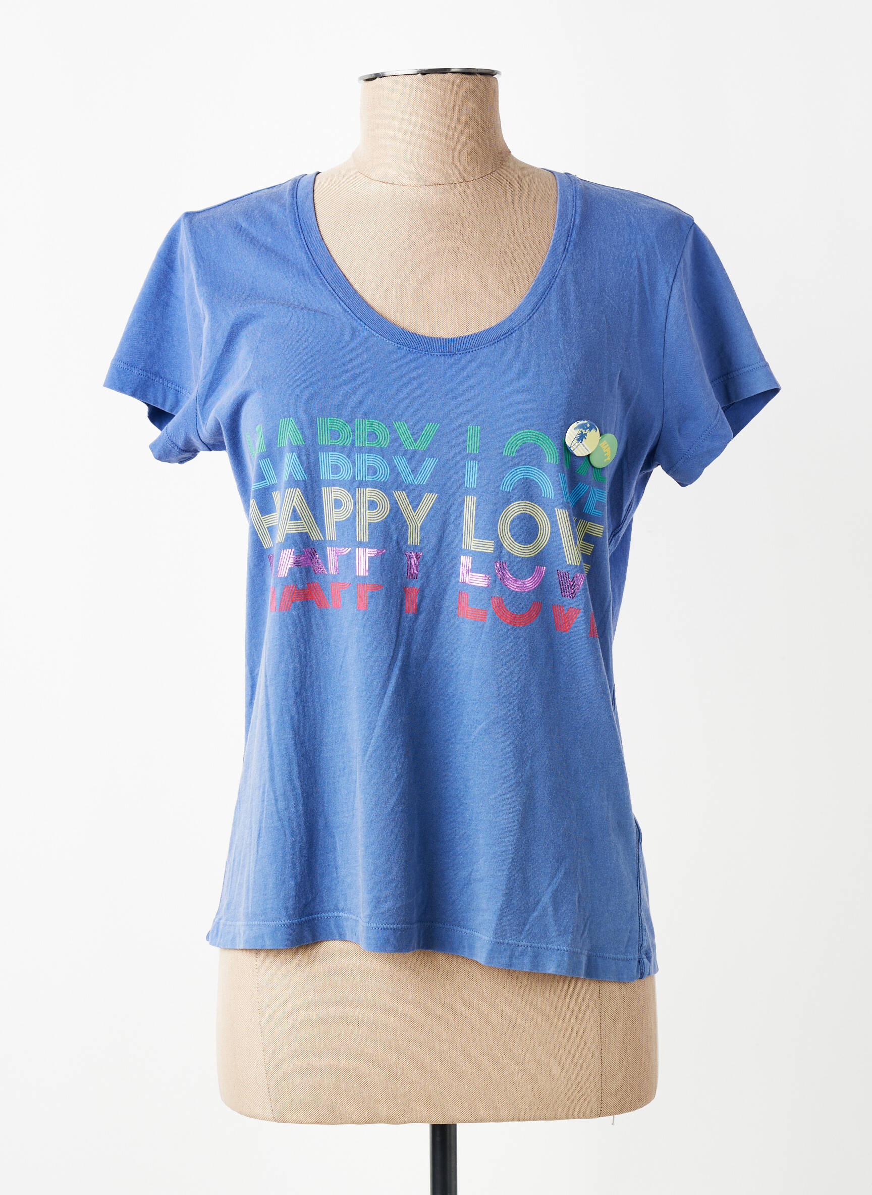 T-shirt sérigraphie floquée manches courtes bleu HAPPY femme