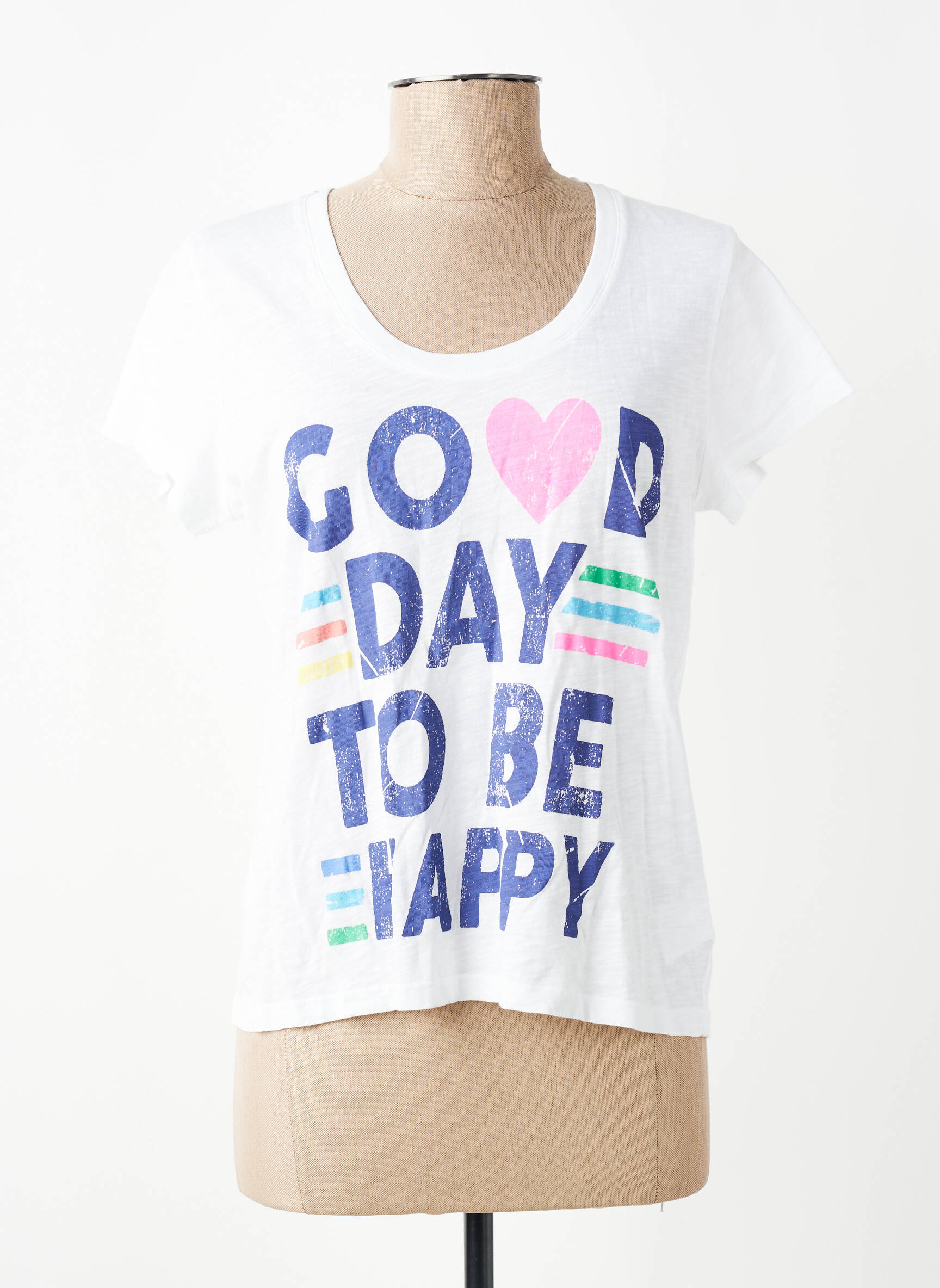 T-shirt sérigraphie floquée manches courtes blanc HAPPY femme