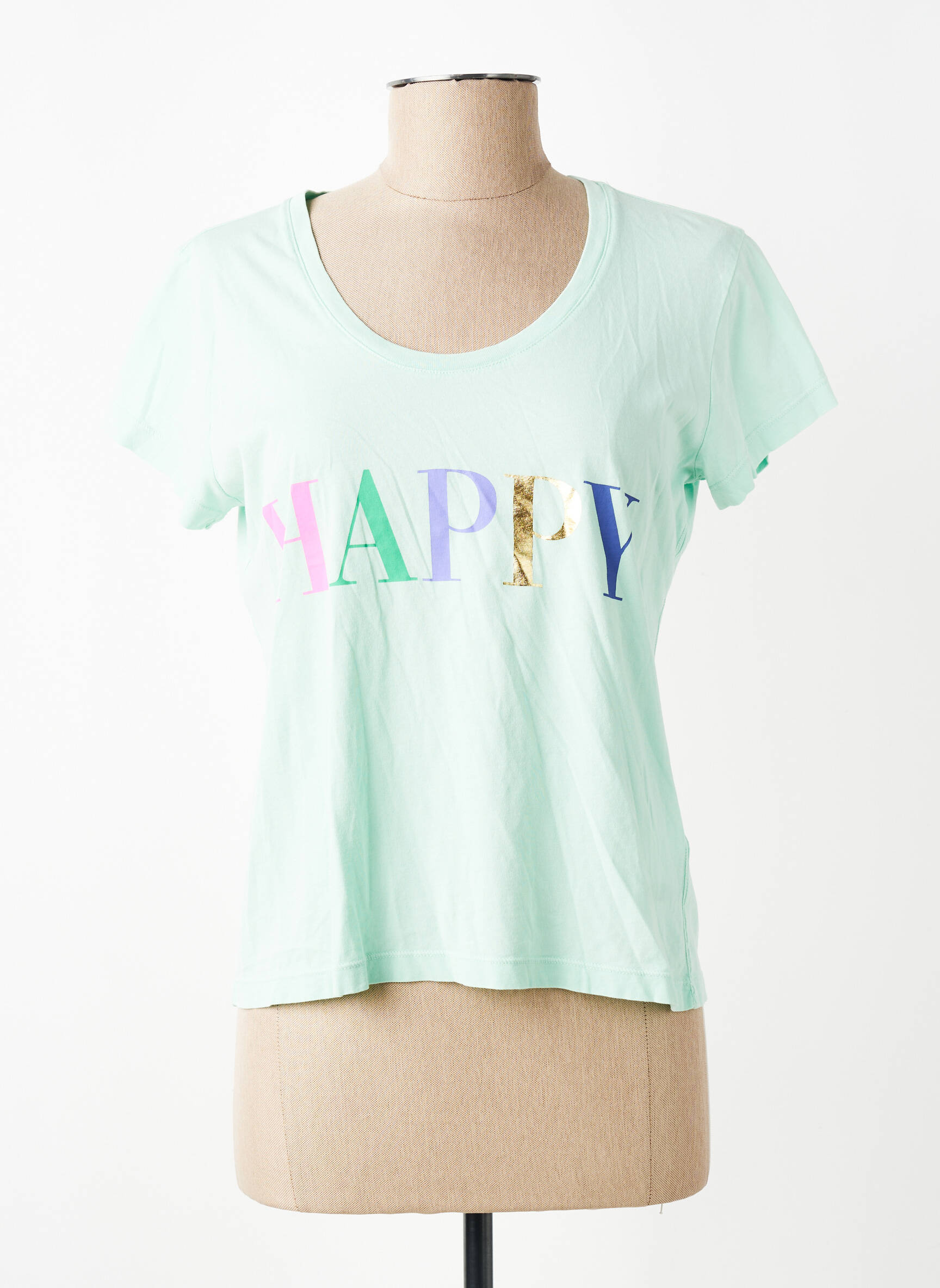 T-shirt sérigraphie floquée manches courtes vert HAPPY femme