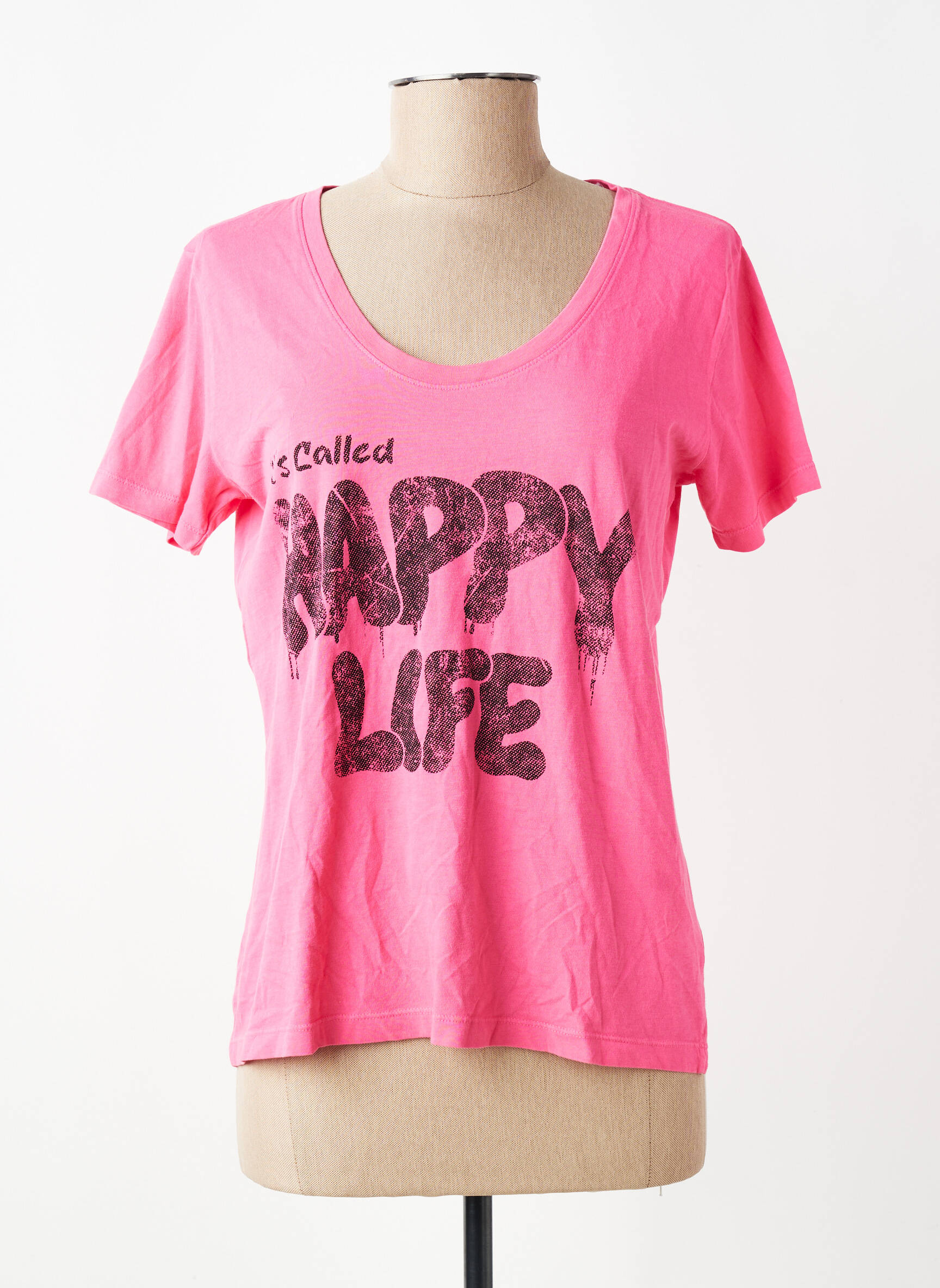 T-shirt sérigraphie floquée manches courtes rose HAPPY femme
