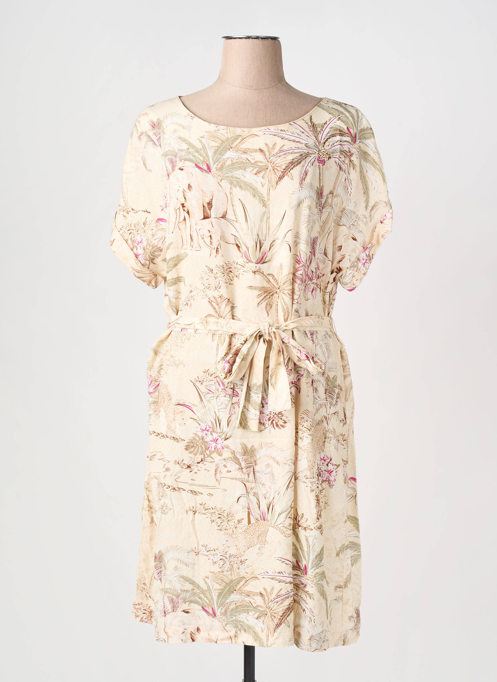 Robe mi-longue imprimé fantaisie manches courtes beige LA FEE MARABOUTEE femme