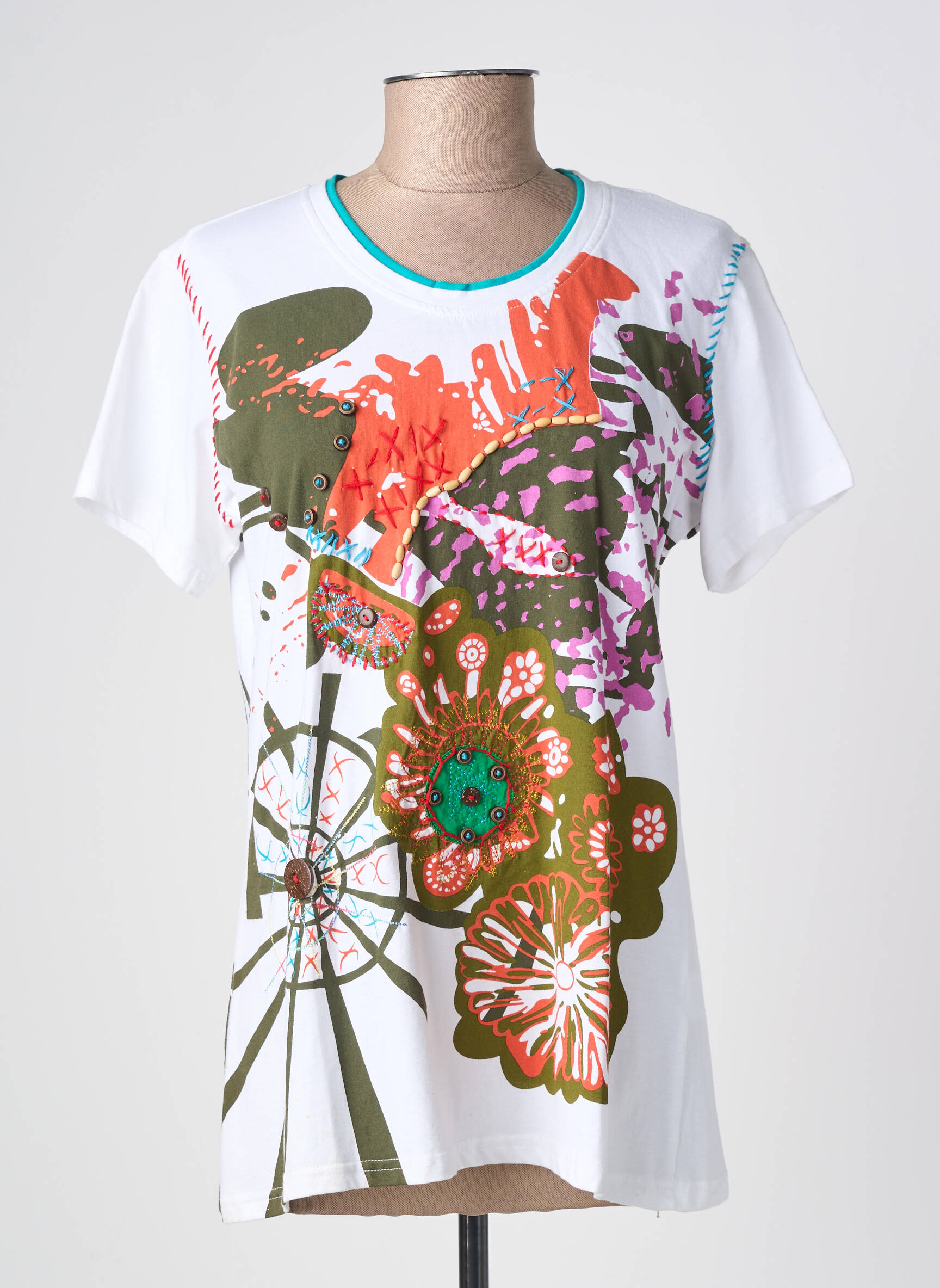 T-shirt imprimé fantaisie manches courtes blanc QUATRE VINGT JOURS femme