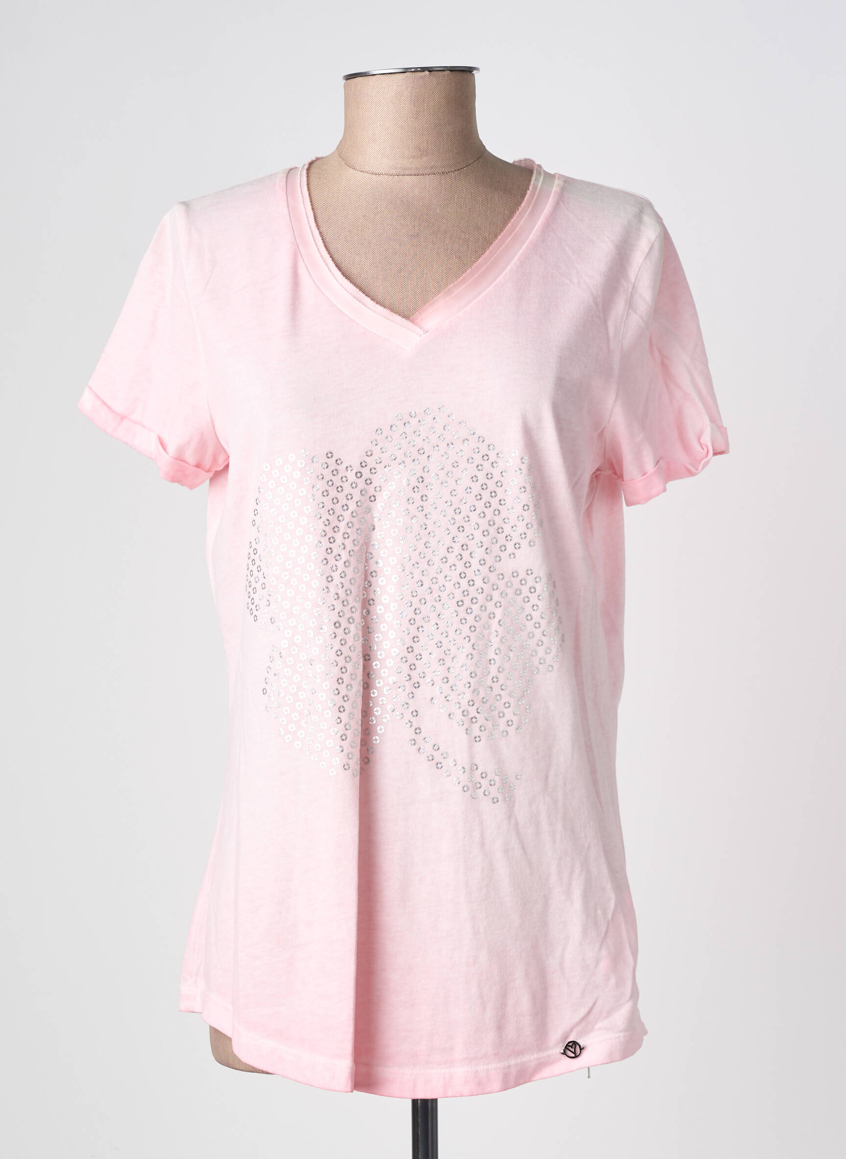 T-shirt col v manches courtes rose BARBARA LEBEK femme