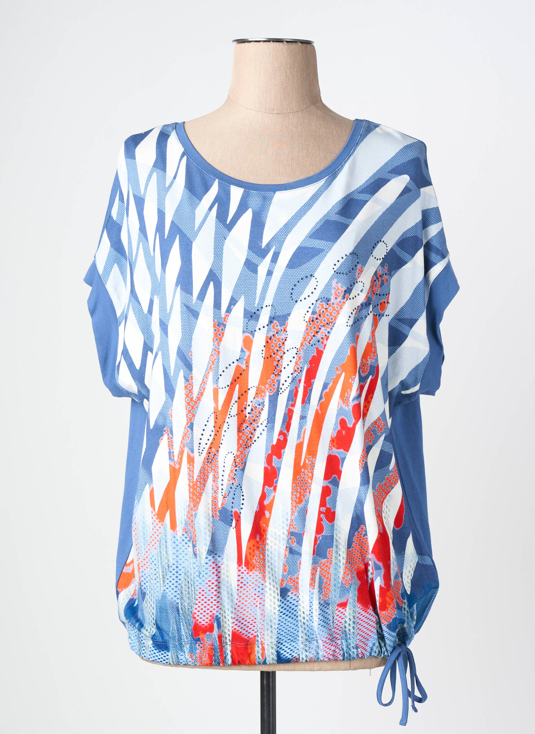 T-shirt sérigraphie avec strass manches courtes bleu BARBARA LEBEK femme