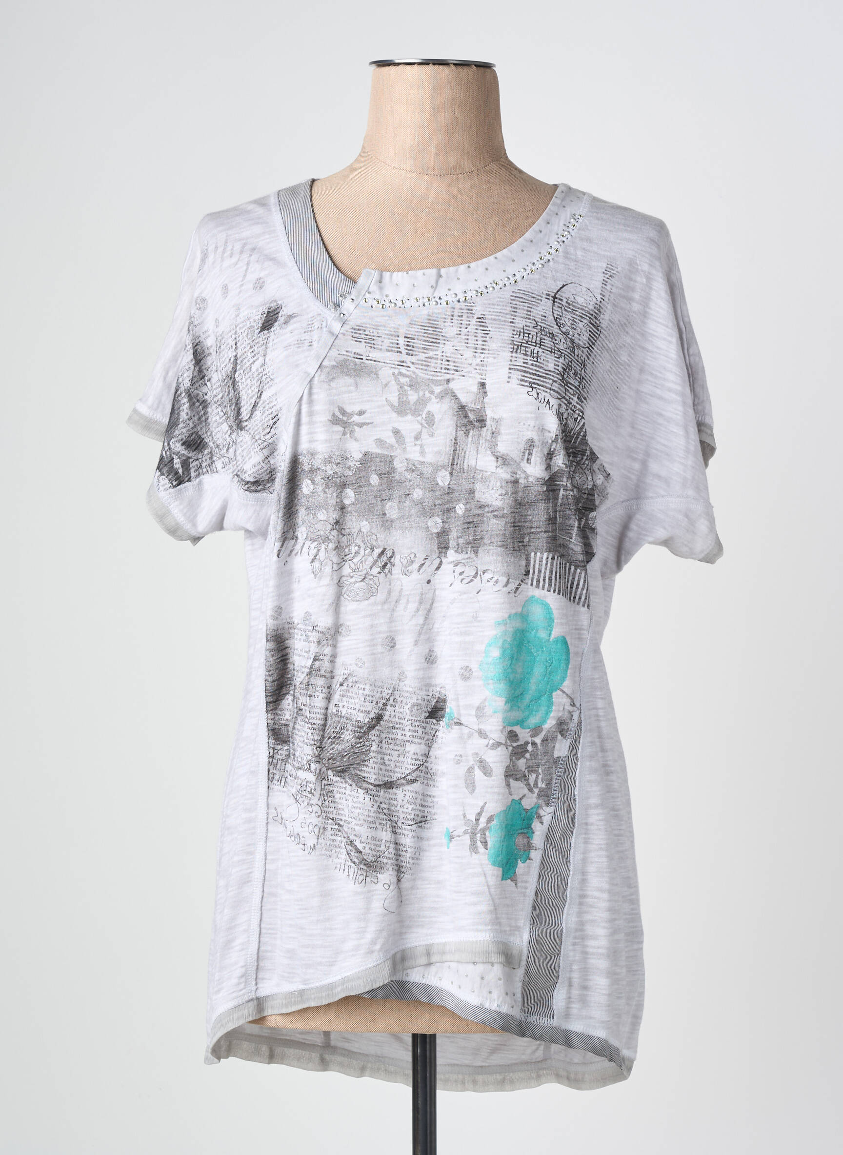 T-shirt sérigraphie avec strass manches courtes gris KALISSON femme