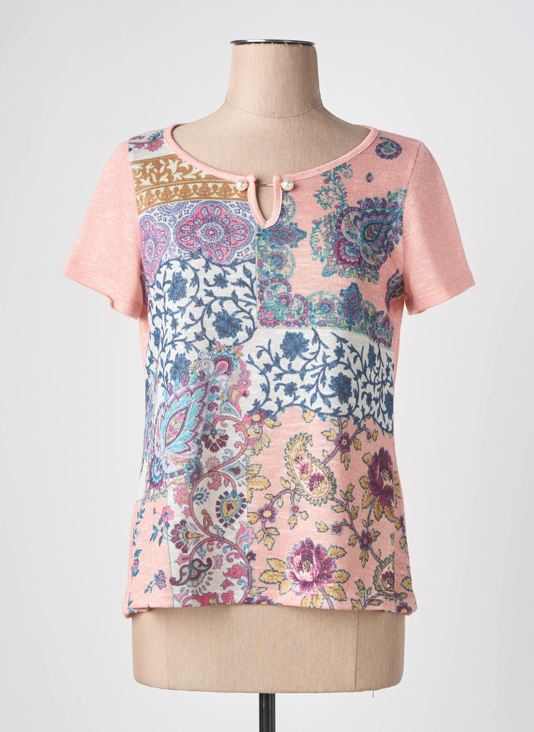 T-shirt col v manches courtes rose NURIA VILARDAGA femme
