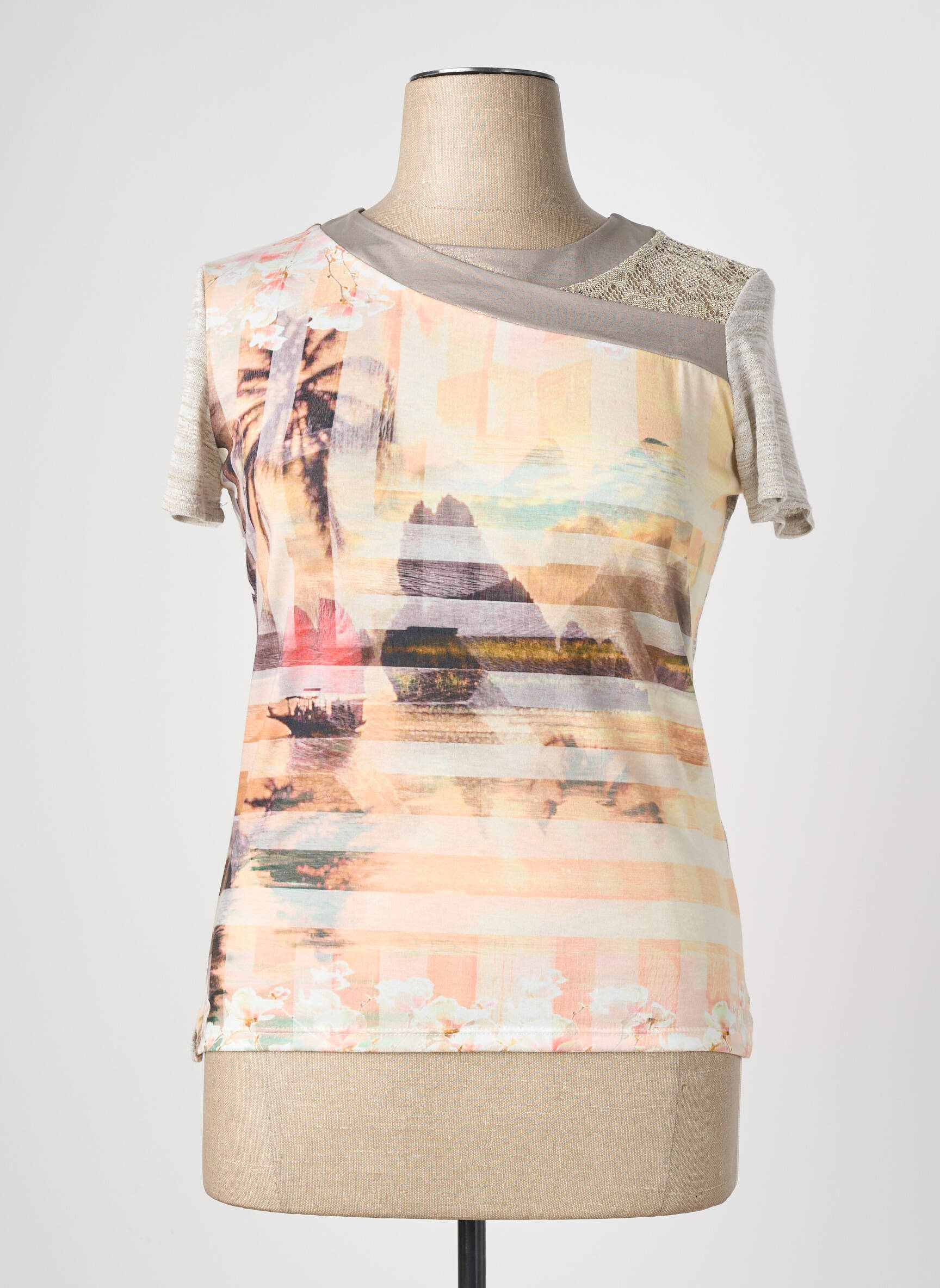 T-shirt stretch manches courtes beige NURIA VILARDAGA femme