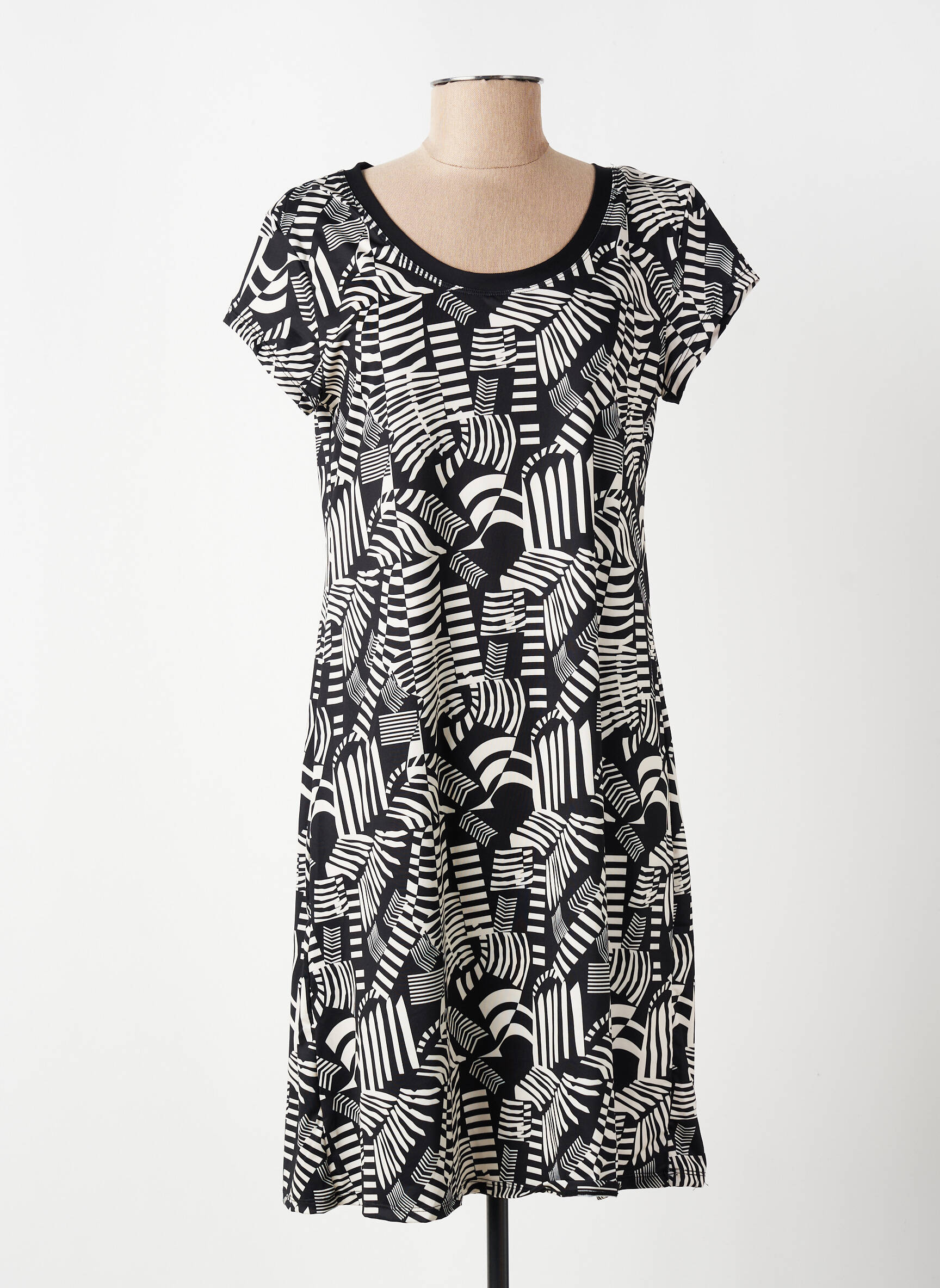 Robe mi-longue imprimé fantaisie manches courtes noir DEIDAD femme