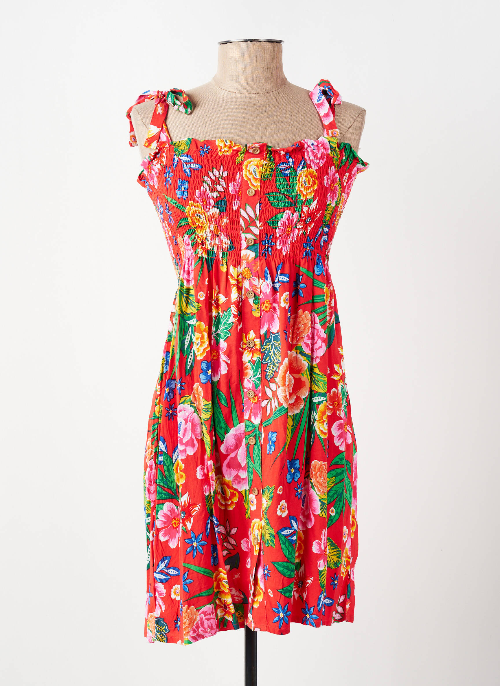 Robe mi-longue imprimé fleurs fines bretelles rouge YSABEL MORA femme